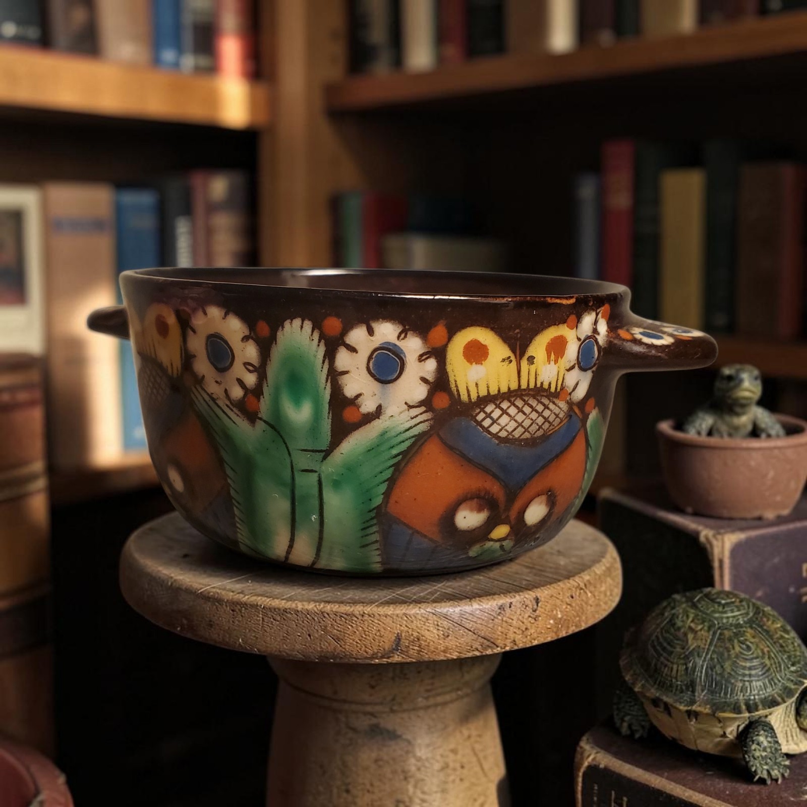 SWISS THOUNE Piccola Majolica Chrutmuster Owl Bowl SWITZERLAND 1920 ANTIQUE 4.5″