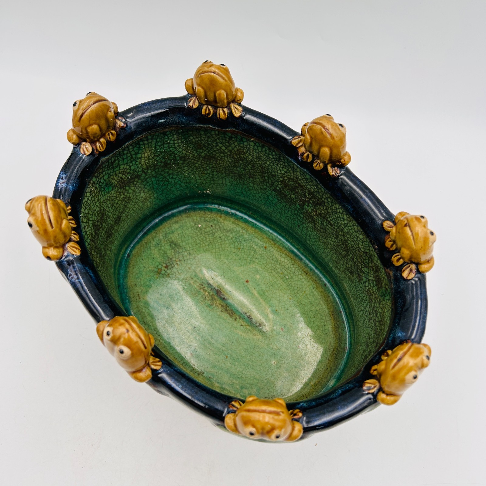 Majolica Style 8 Frogs On Rim Cobalt Blue Ceramic Glazed Planter Pot Oval 9×7 in