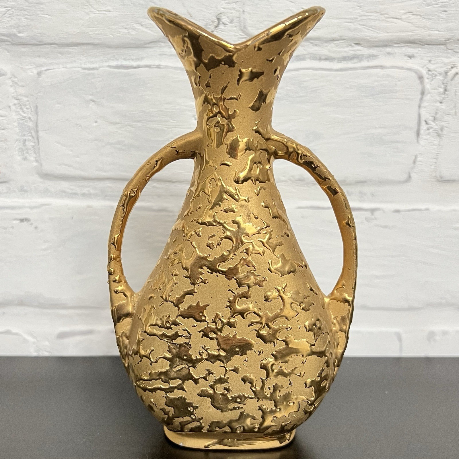 Vintage Gold Lava Glaze Vase Double Handle MCM Sculptural 6.25”
