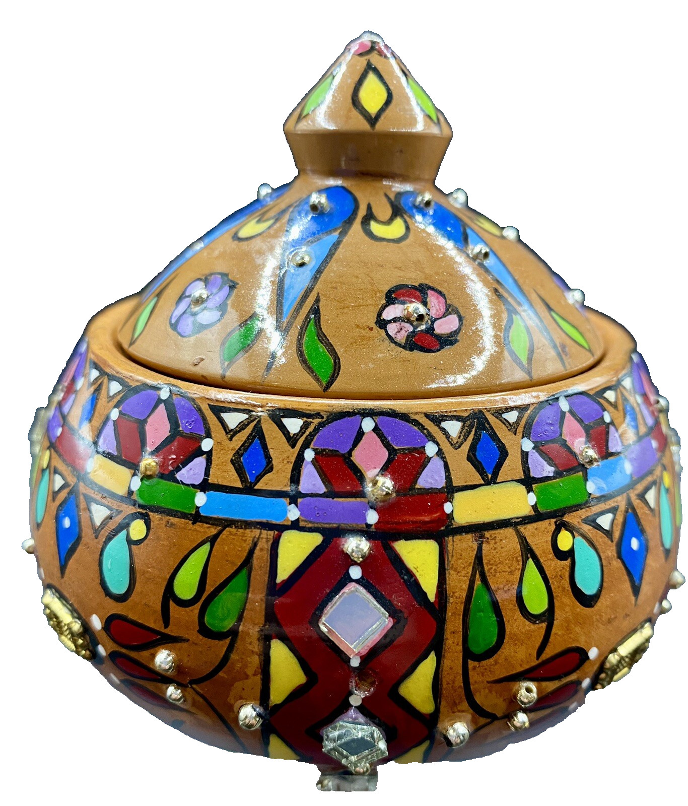 Fancy Pot Clay Covered Bowl/Trinket Jar, India, Colorful & Ornamented
