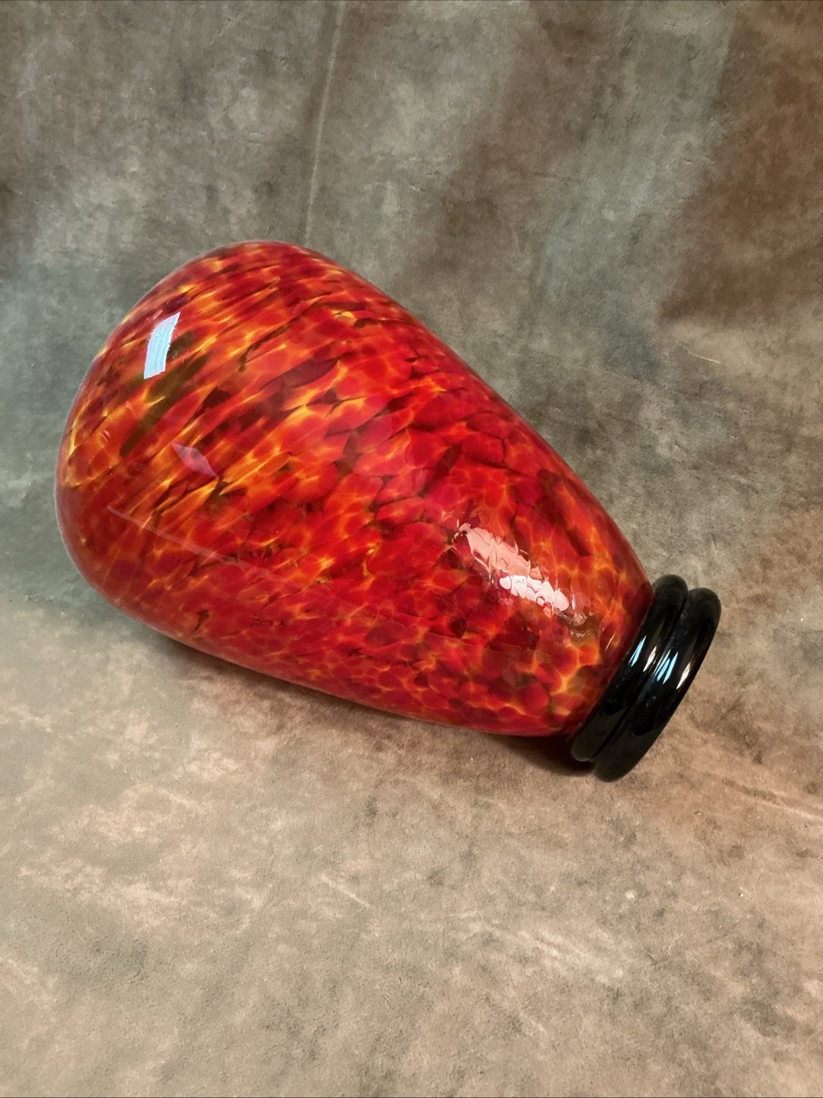 Signed Opal art Glass 2005 black trim red mottled art glass Vase #2 Bulbous