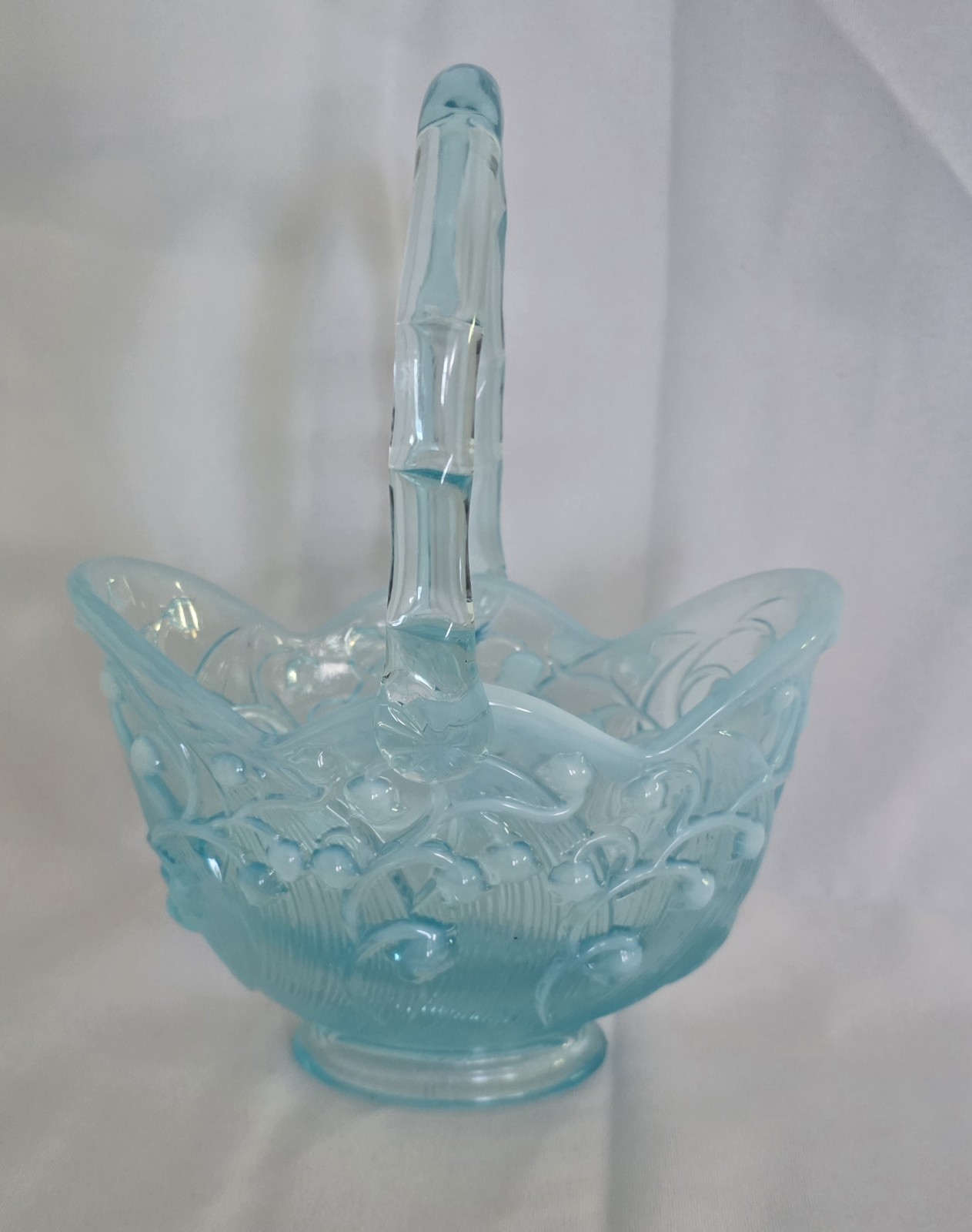 Fenton Aqua Blue Opalescent Lily of the Valley Glass Basket 6″