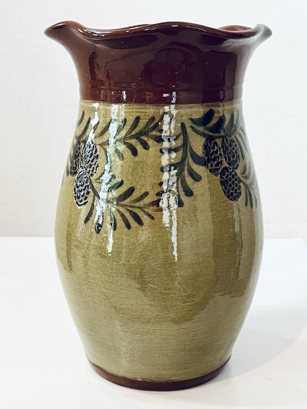 David Eldreth Redware Glazed Pottery Vase Signed 2005 Pinecones 8″ Cottagecore