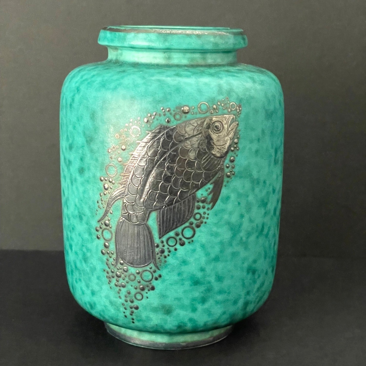 Mid Century Wilhelm Kage Gustavsberg Argenta Silver Inlay Fish Pottery Vase