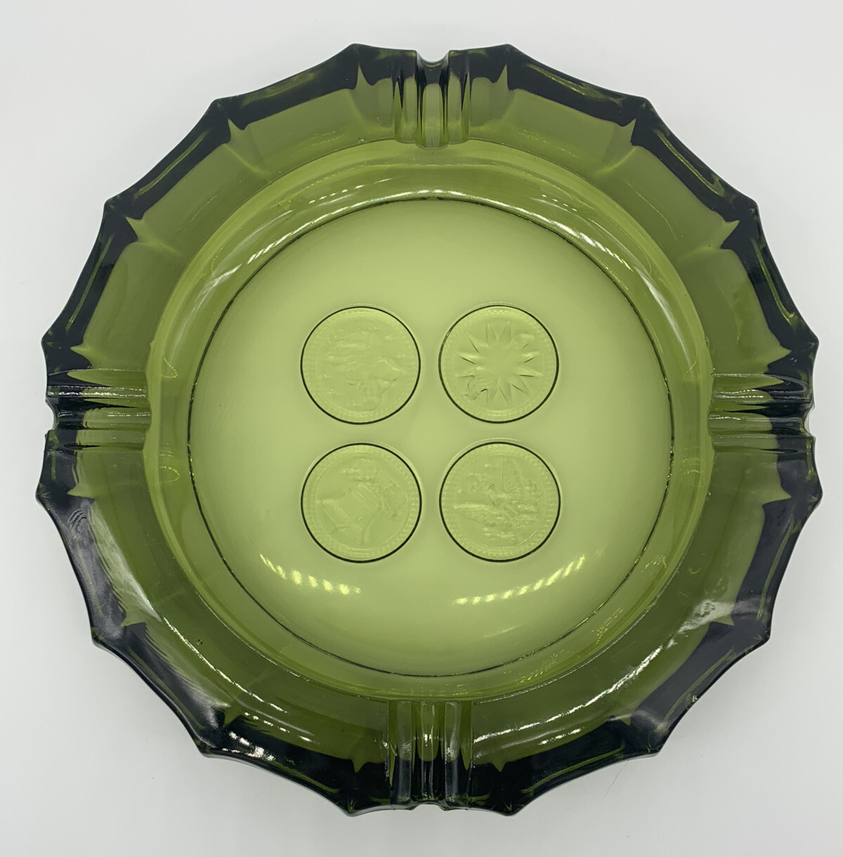 VTG Fostoria Green Glass Coin Dot 8” Ashtray – USA Eagle Liberty Bell 1887