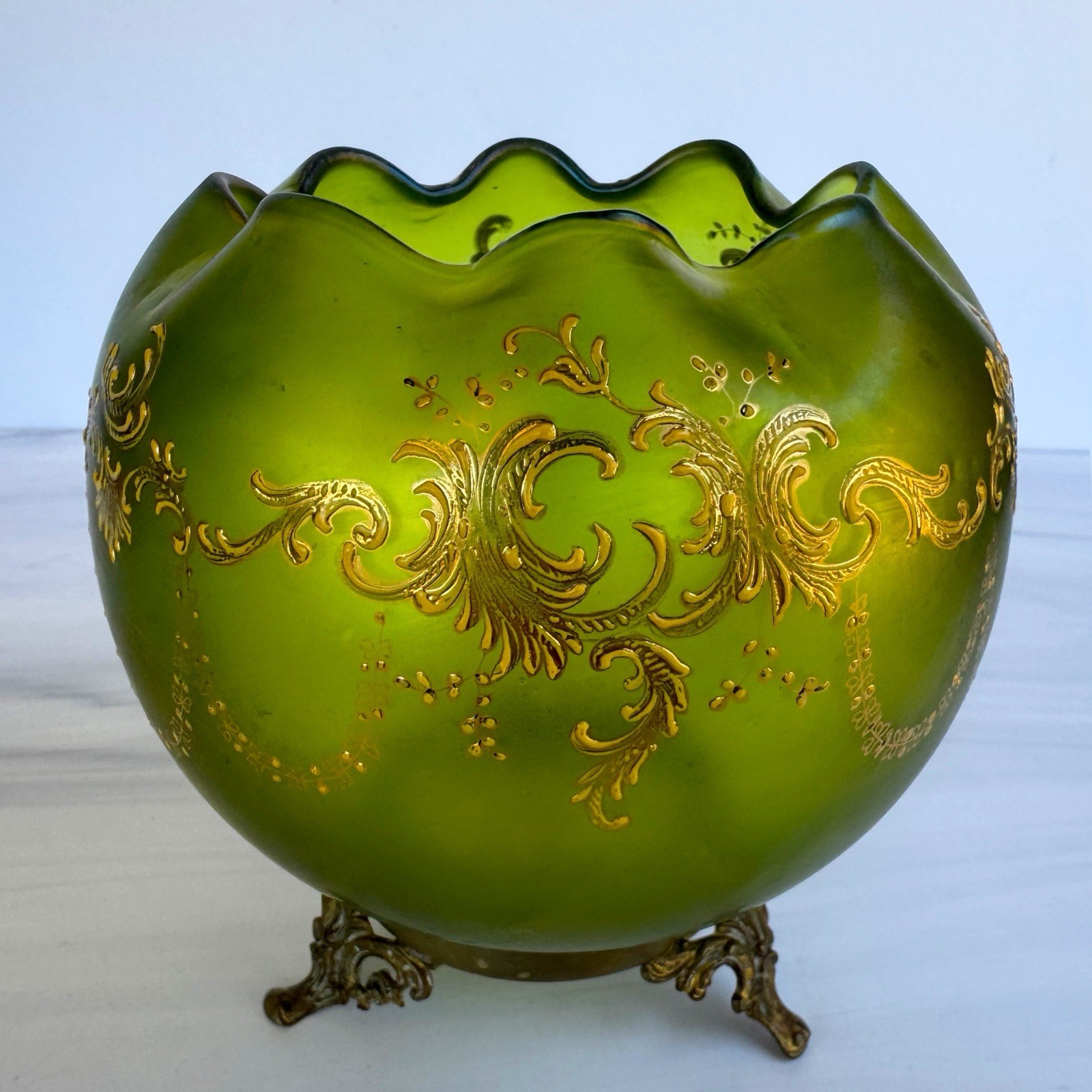 Antique Bohemian Moser Style Green Iridescent Art Glass Rose Bowl Gold Enamel
