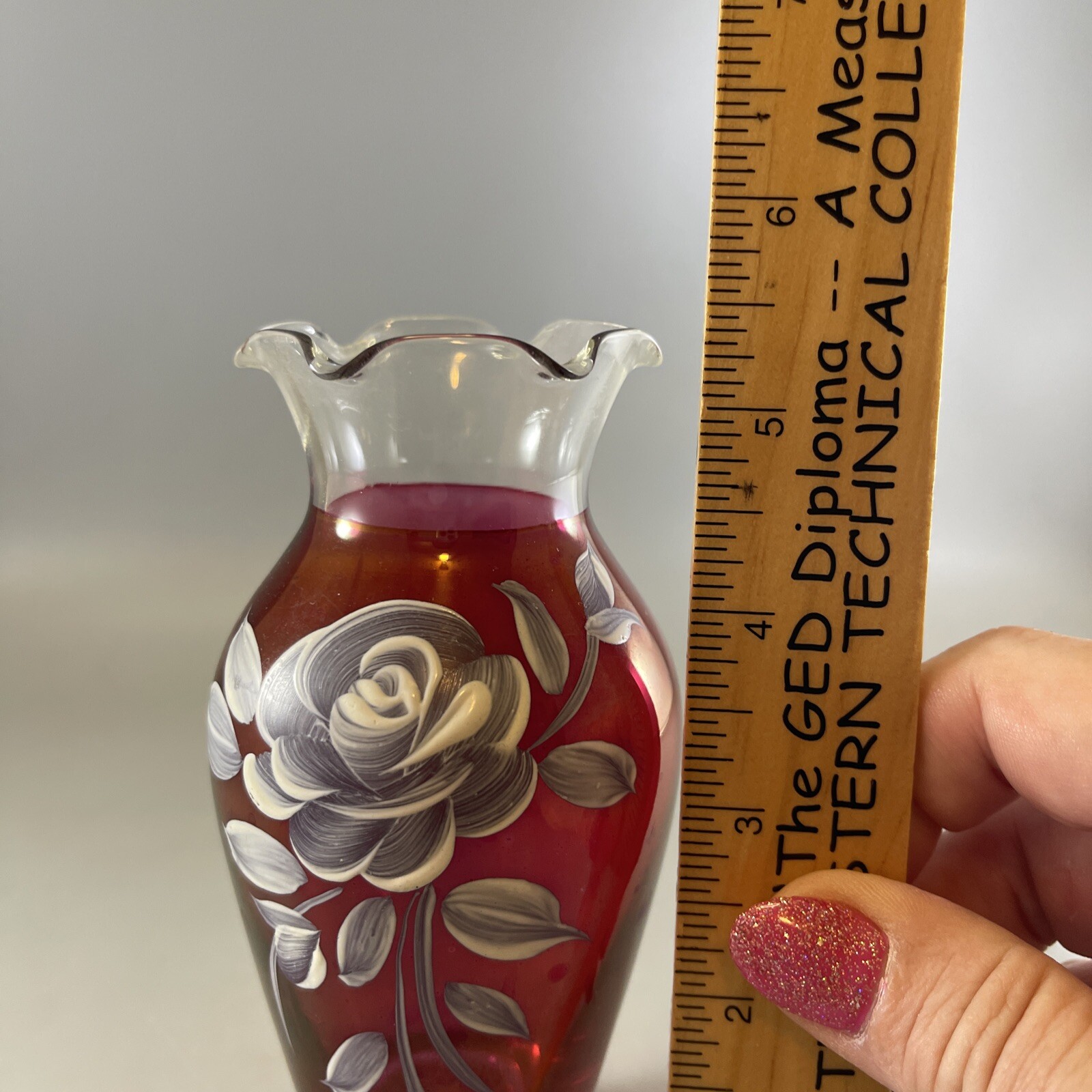Westmoreland Glass Ruby Flash Red Vase Hand Painted Rose 5.5 In. Tall Vintage