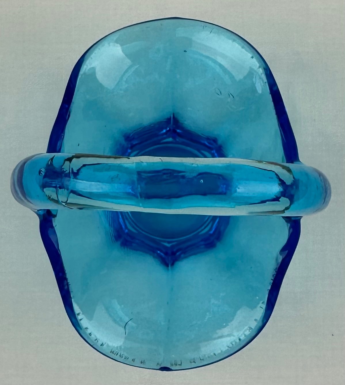 Vintage blue depression glass bride’s basket applied handle 4″ tall 3 3/8″ wide
