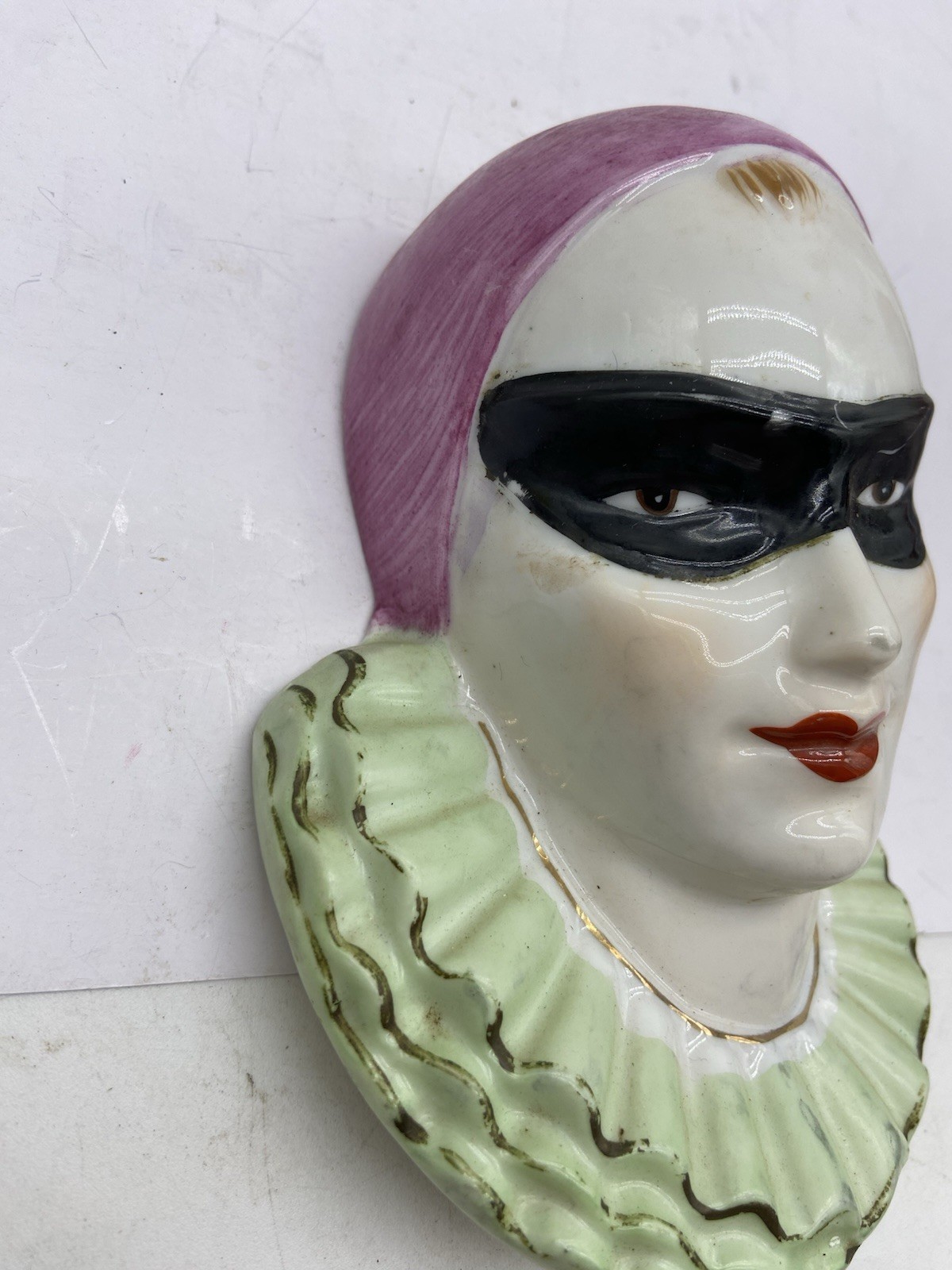 RARE Vintage Masked Pierrot Clown Columbine Head Vase Wall Pocket Masquerade