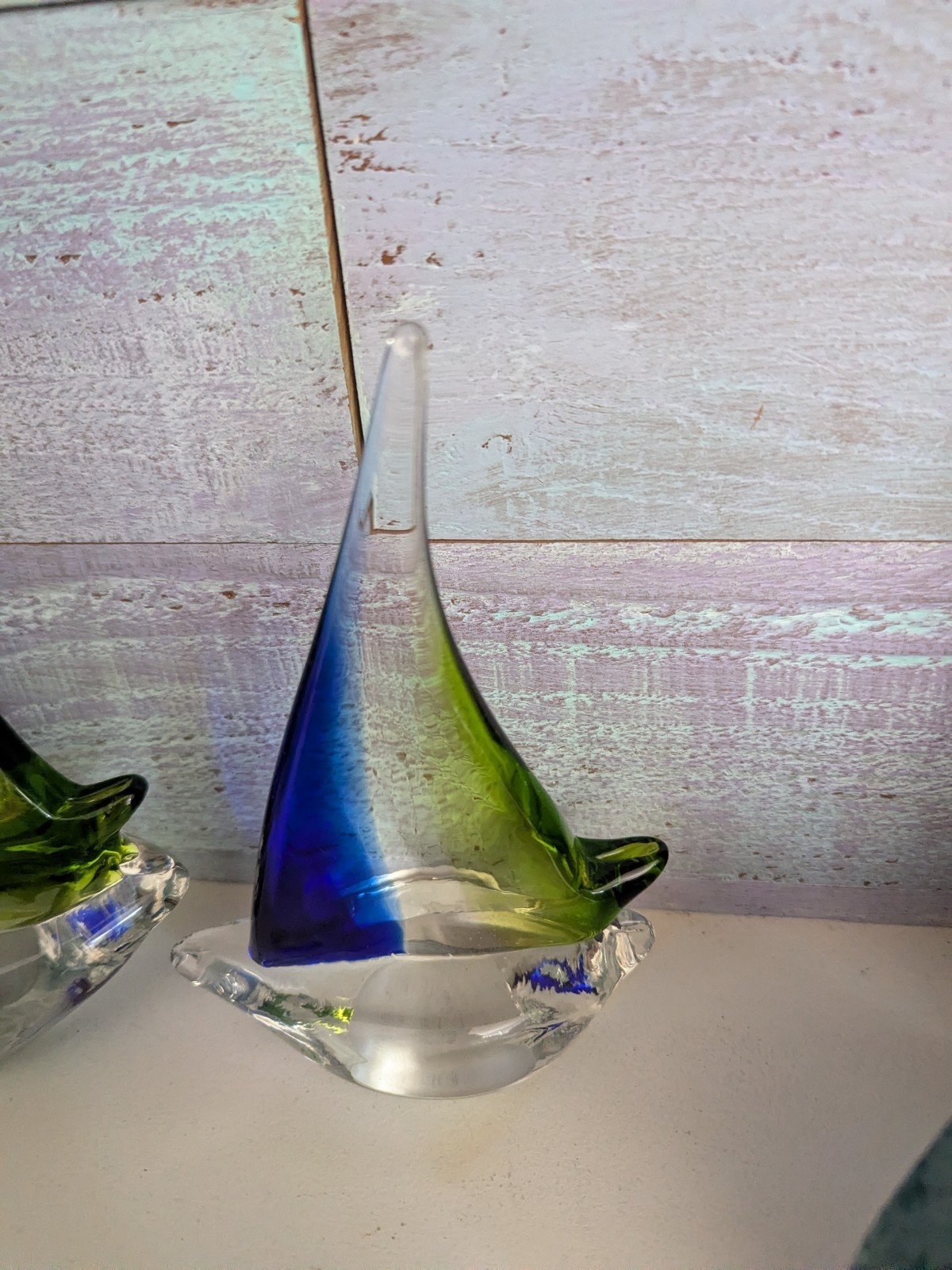Vintage Murano Style Glassware Glass Sailboat Sculpture Blue Green Boats 6″& 8”