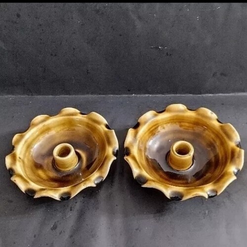 Fluted Candlesticks Drip Glaze Vintage Colonial Holder Handmade Pair Art Pottery