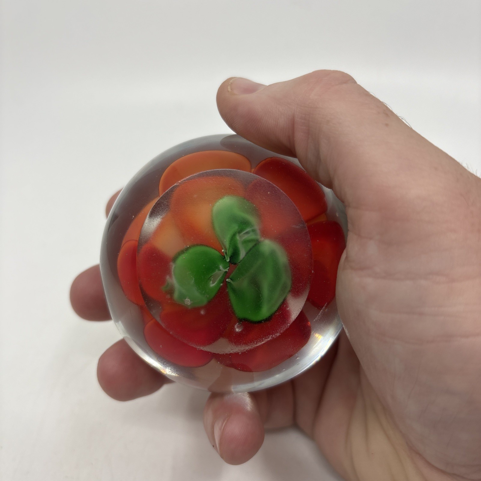 Red Rose and Green Leaves Collectible Blown Glass Flower Paperweight 3.5” Round.