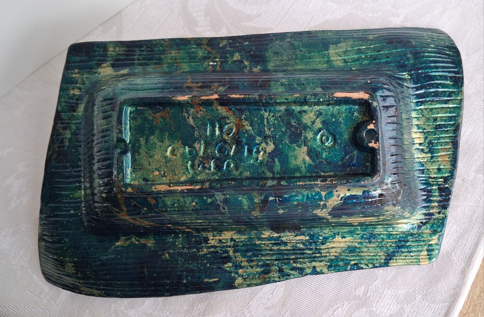 MCM California Originals Pottery green and Gold Trinket dish one of a kind