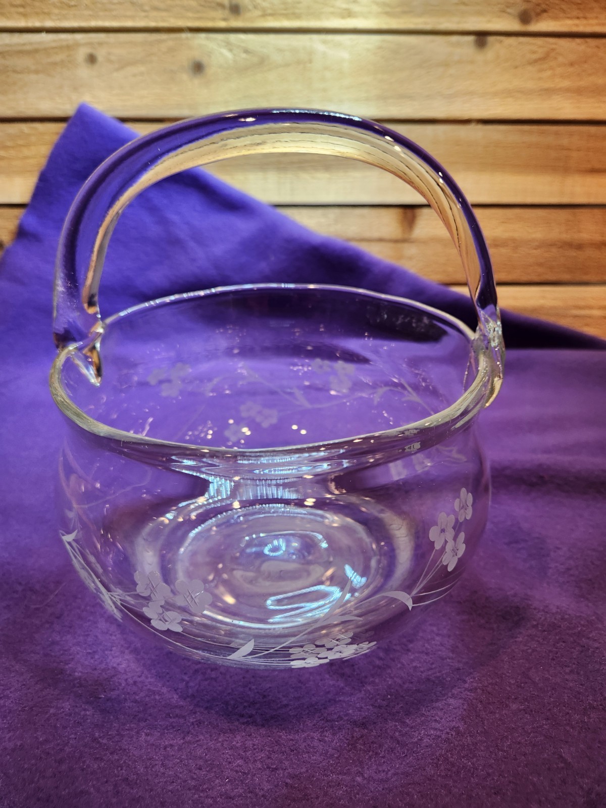 Vintage 1950s Pasabahce floral etched basket with handle – glass bowl PH