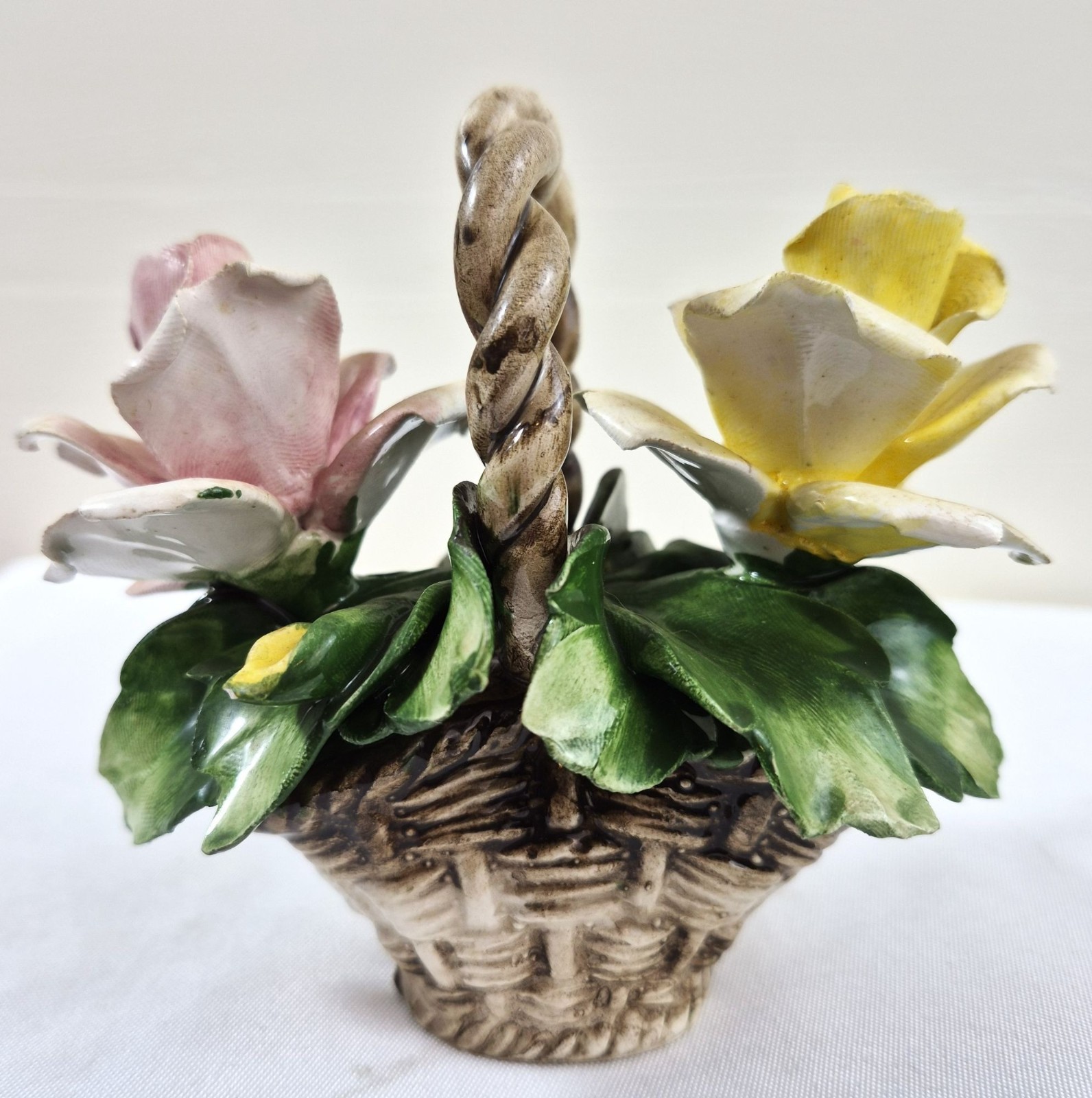Capodimonte Porcelain Flower Basket Roses Italy Nuova Figurine Vintage
