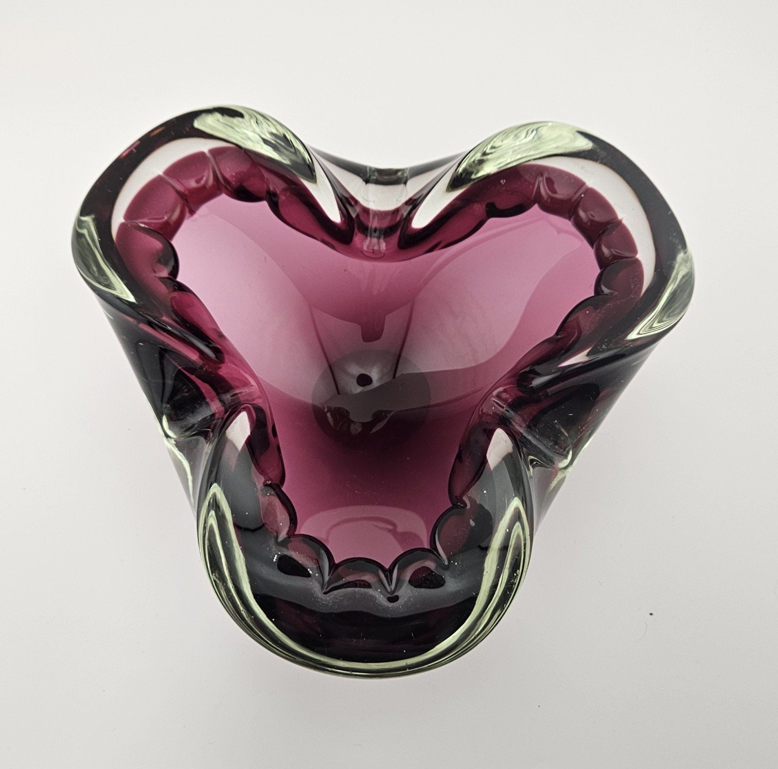 Stunning 7″ Burgundy Ribbed Edge Vintage Murano Art Glass Folded Edging. Loved