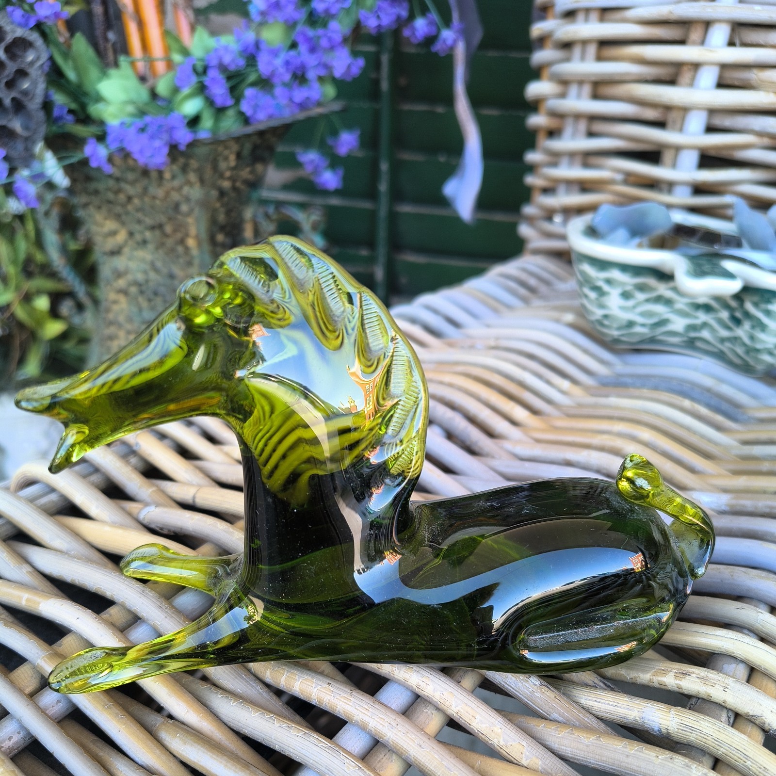 HAND BLOWN Green HORSE Rainbow Art Glass VINTAGE 6″ Wide 3 1/2″ Tall 2 1/4 Thick