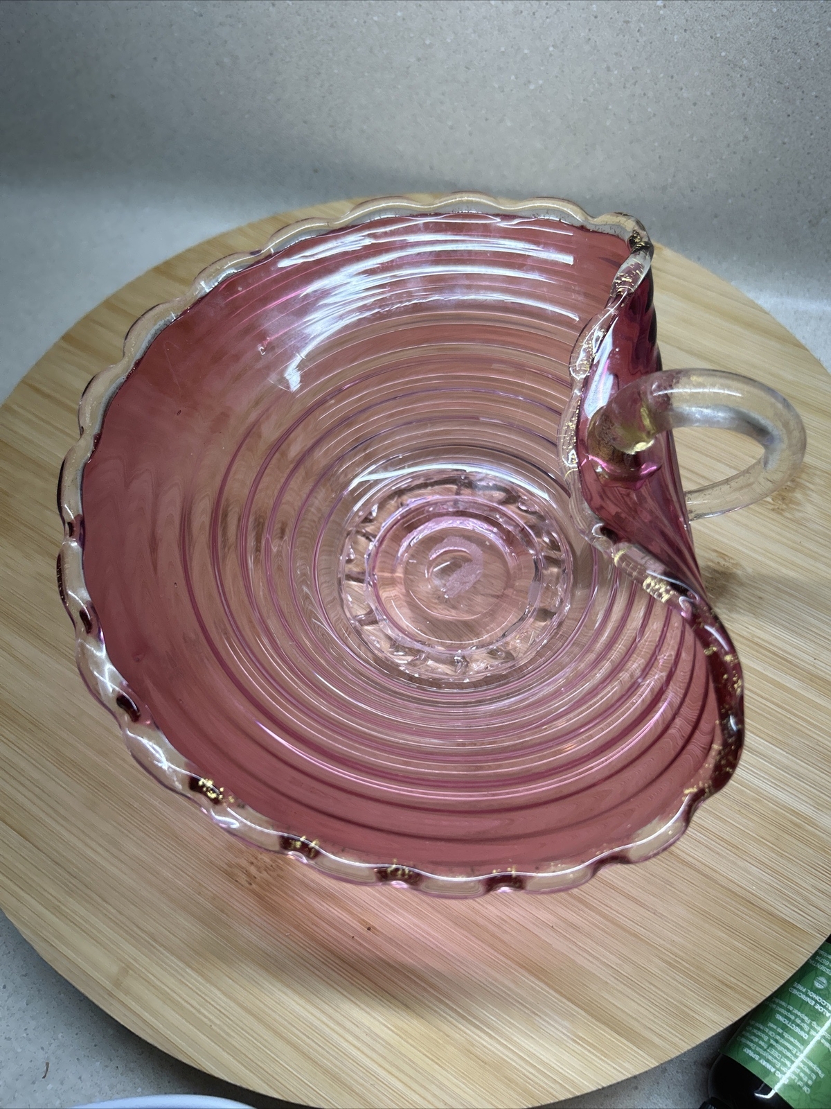 Vintage Murano Pink Swirl Ruffled Bowl With Clear Handle Italian Lovely Shape
