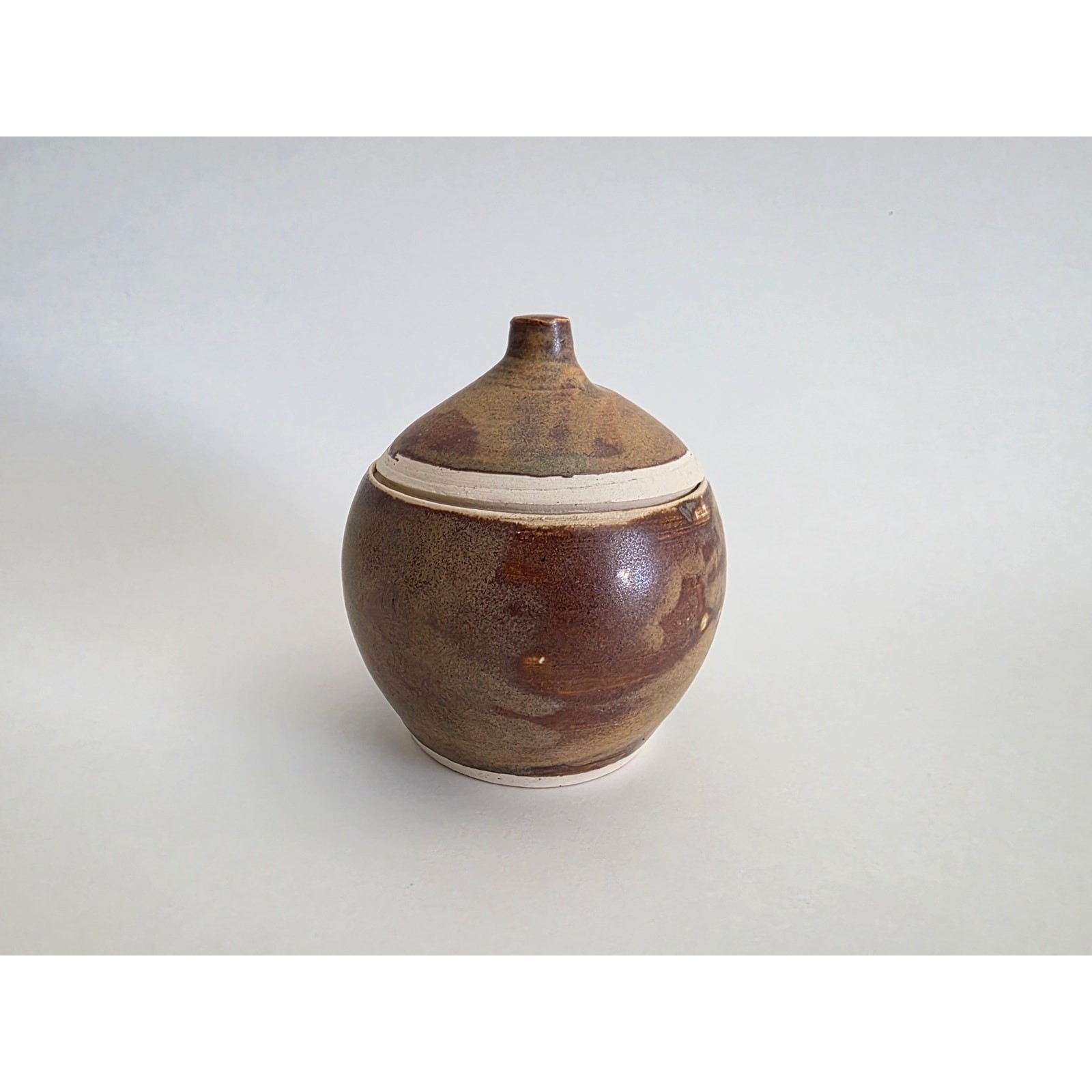 Handmade Studio Pottery Lidded Jar Signed EG – Brown Glaze, 4 x 3.25 in