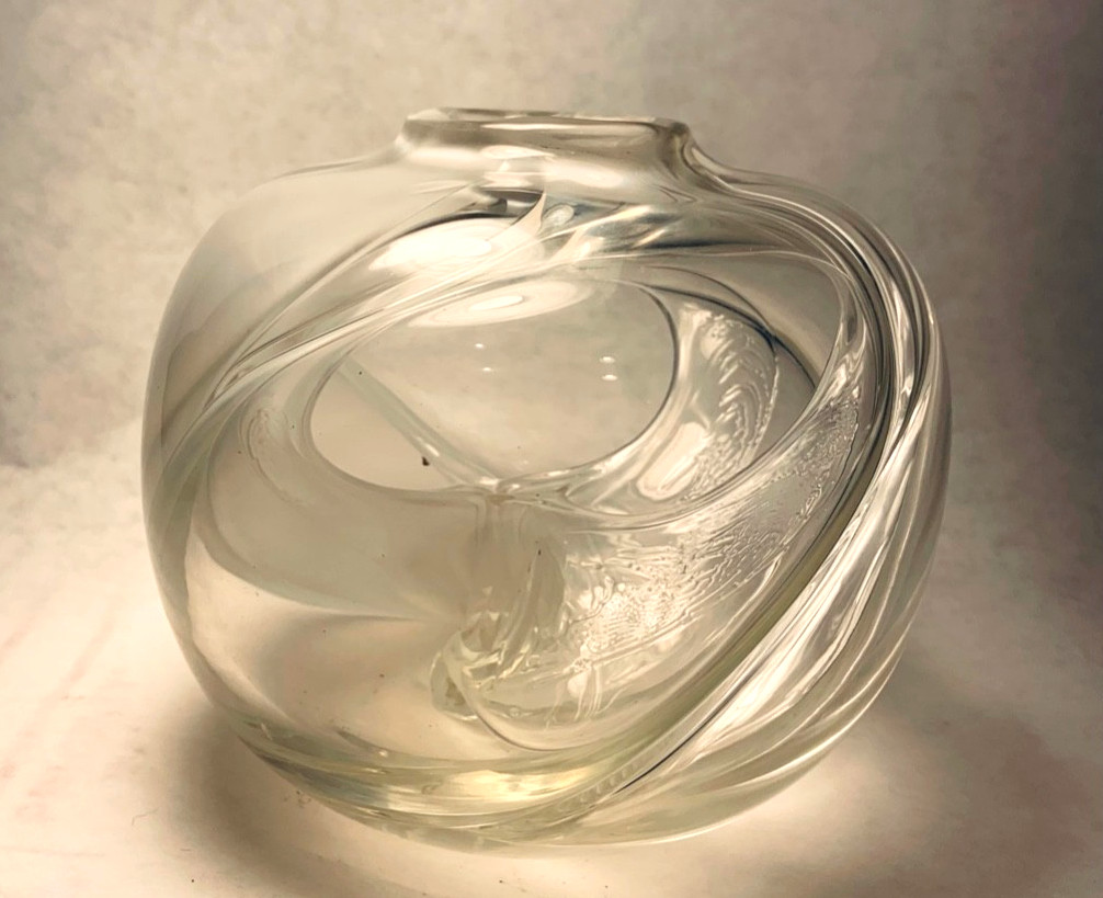Vtg Hand Blown Signed Art Glass Vase Round Orb Ball White & Clear