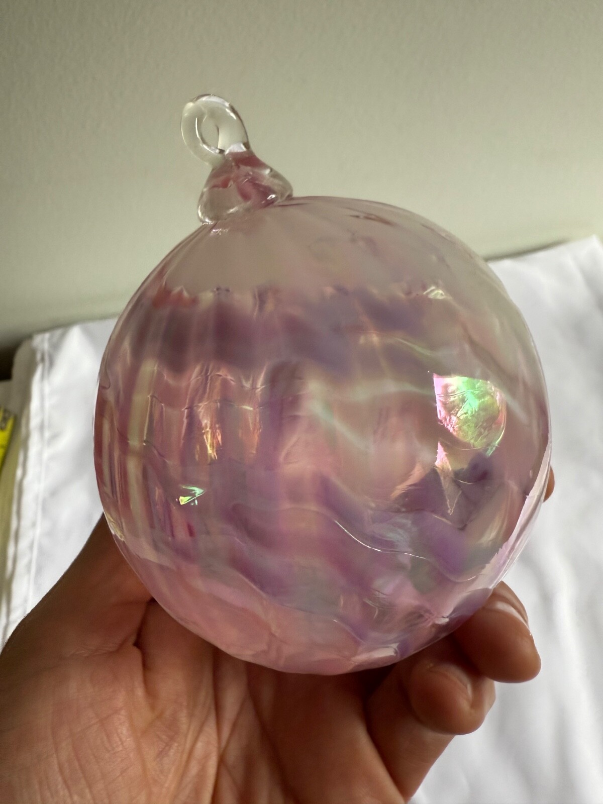 Hand Blown Art Glass Ball approx. 4” Suncatcher Pink Swirl ornament