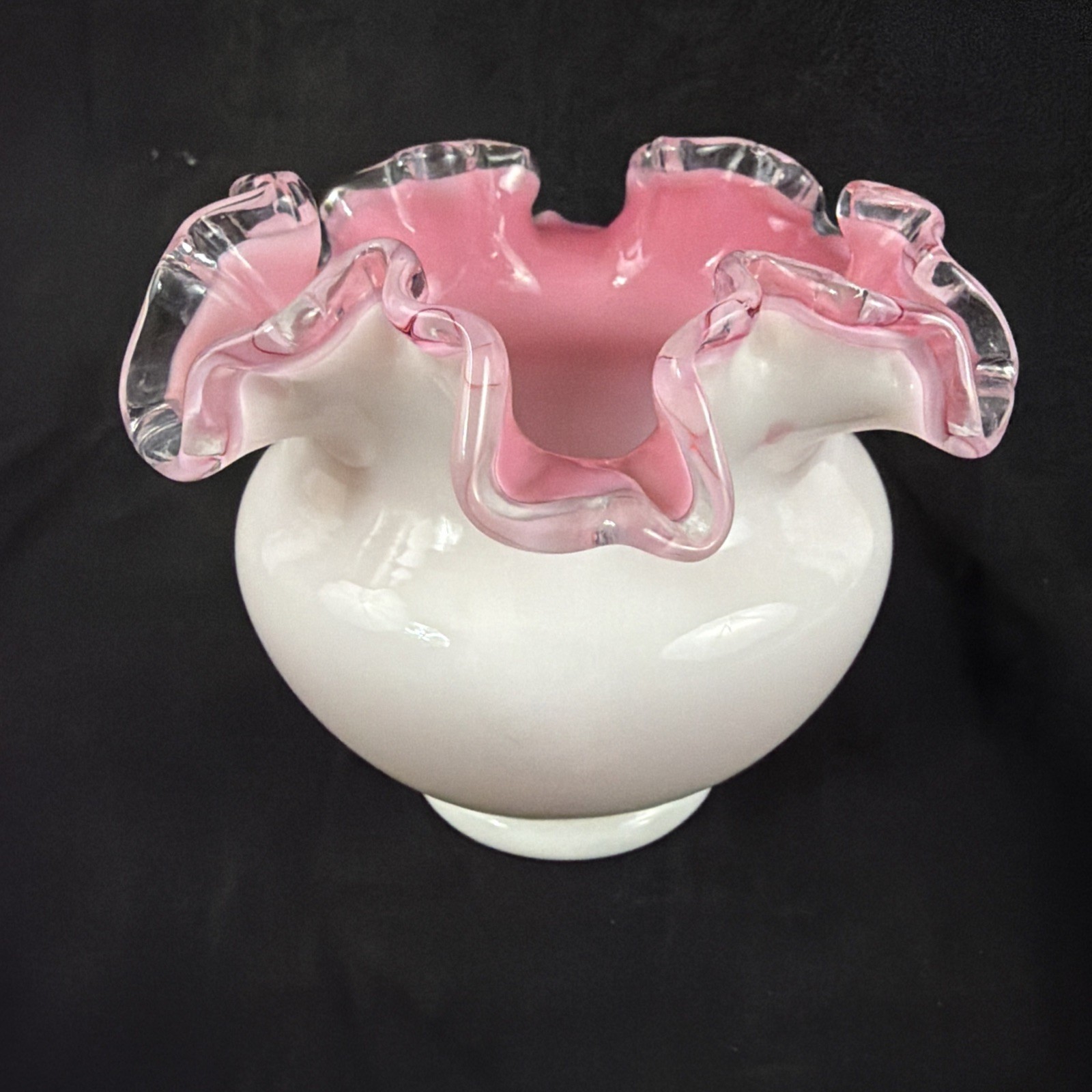 Fenton Glass Peach Crest Pink Cased Bud Vase Double Crimped White and Pink VTG