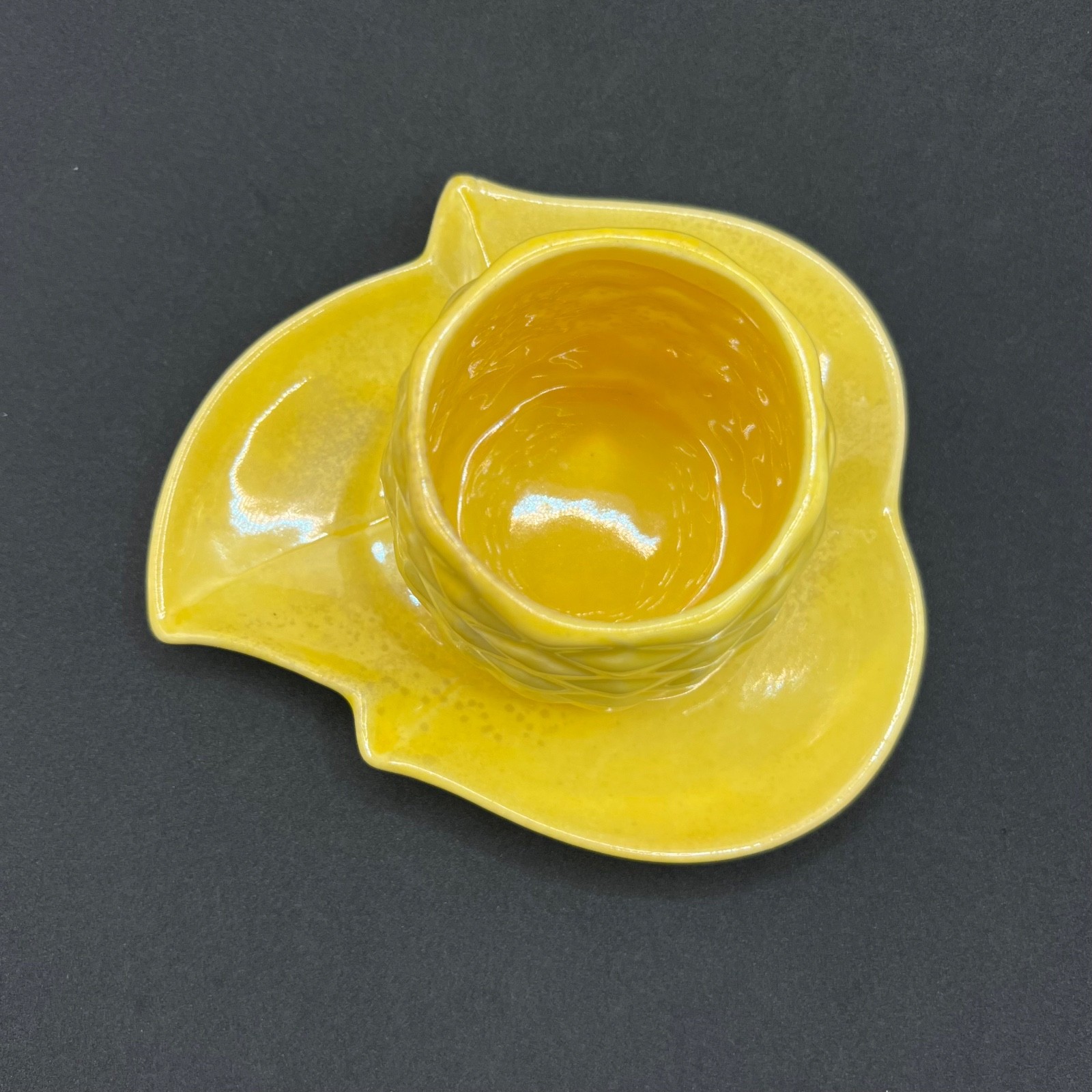 Redwing Art Pottery Yellow Pineapple Fruit Dish Vintage 1940s Leaf Serving Tray