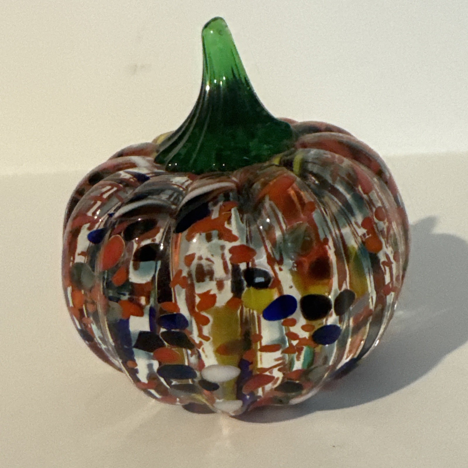 Blenko Pumpkin Paperweight Mini Multicolor Frit In Crystal Glass Applied Stem