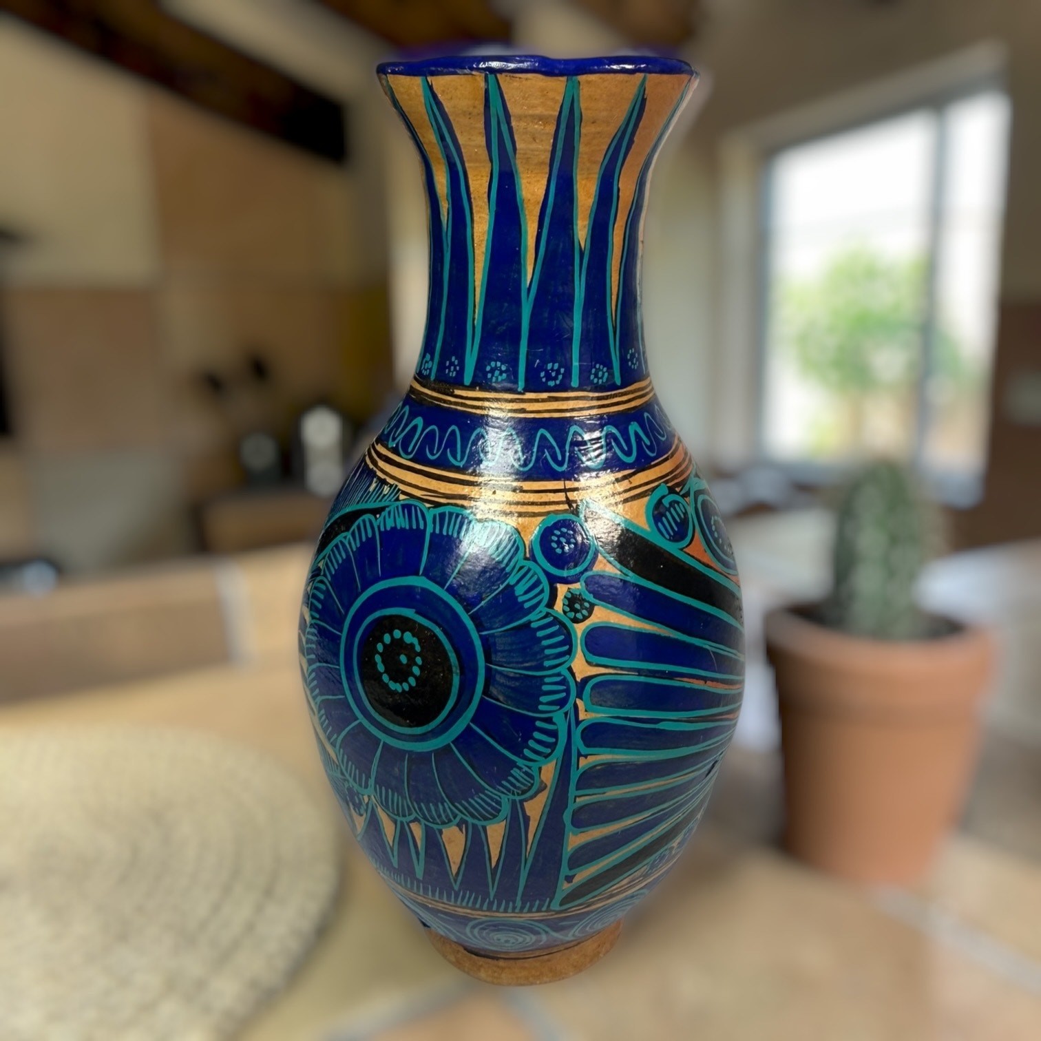 Vintage Mexican Folk Art Vase Talavera Blue Bird Wheel Thrown Terracotta Pottery
