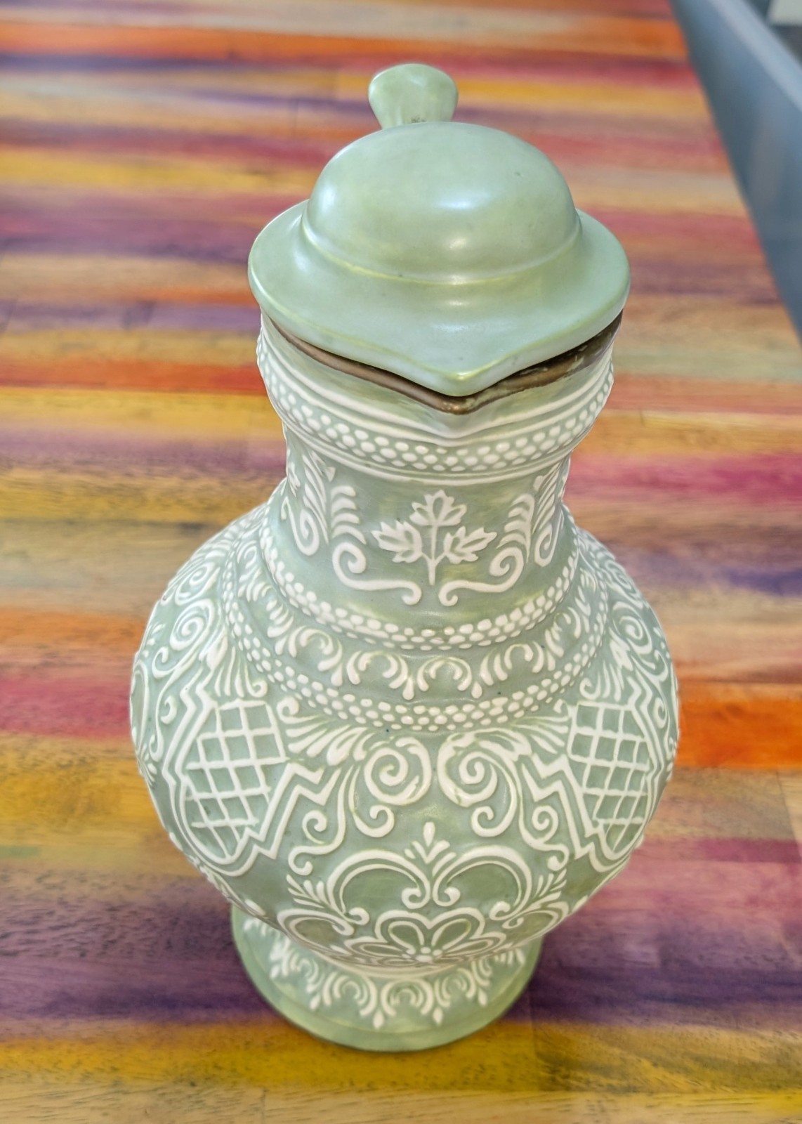⭐ Vintage Atlantic Mold Pitcher Vase Pottery Hand Painted 1975 Floral Design Lid