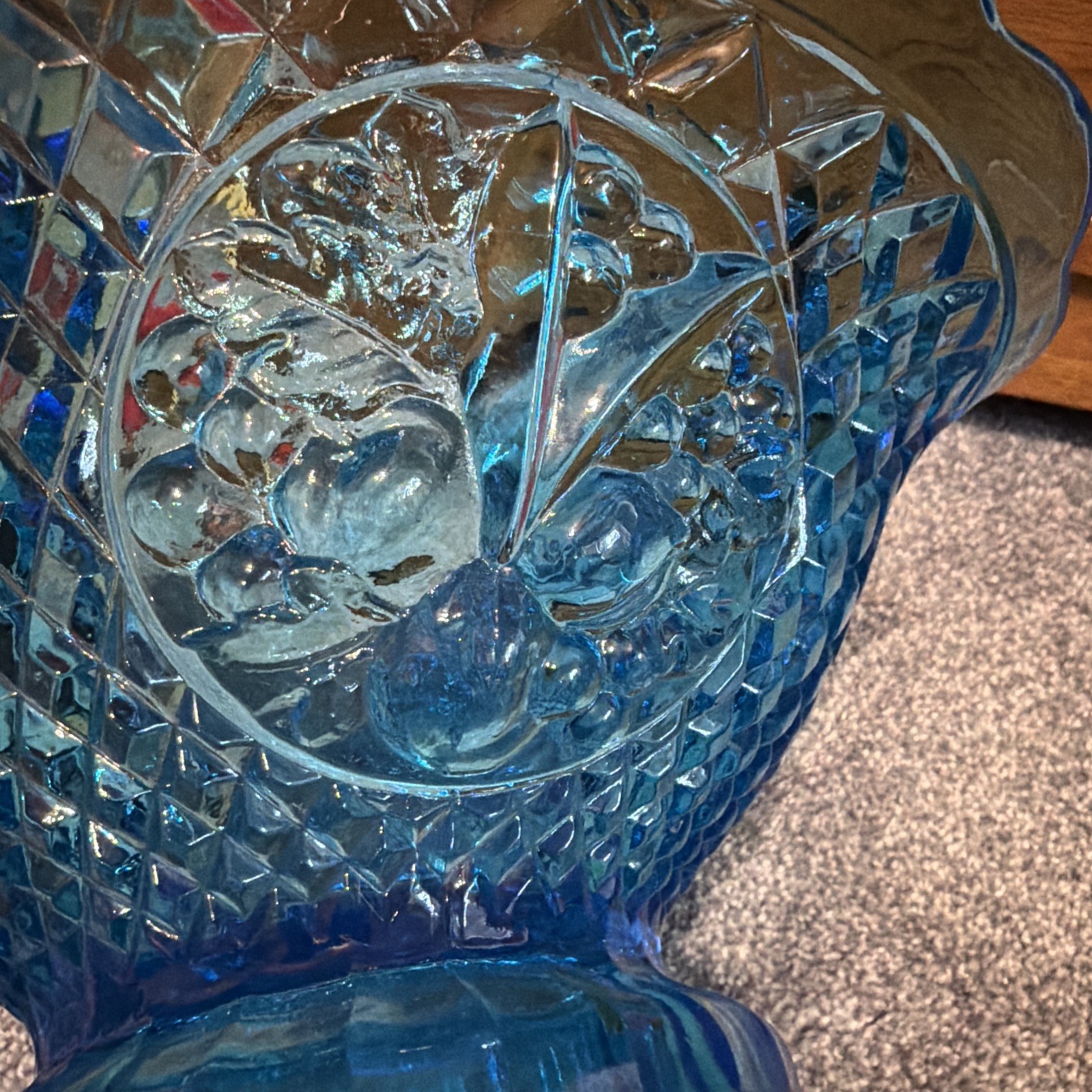 Vintage Indiana Glass Tiara Blue Glass Basket with Handle, Diamond Point