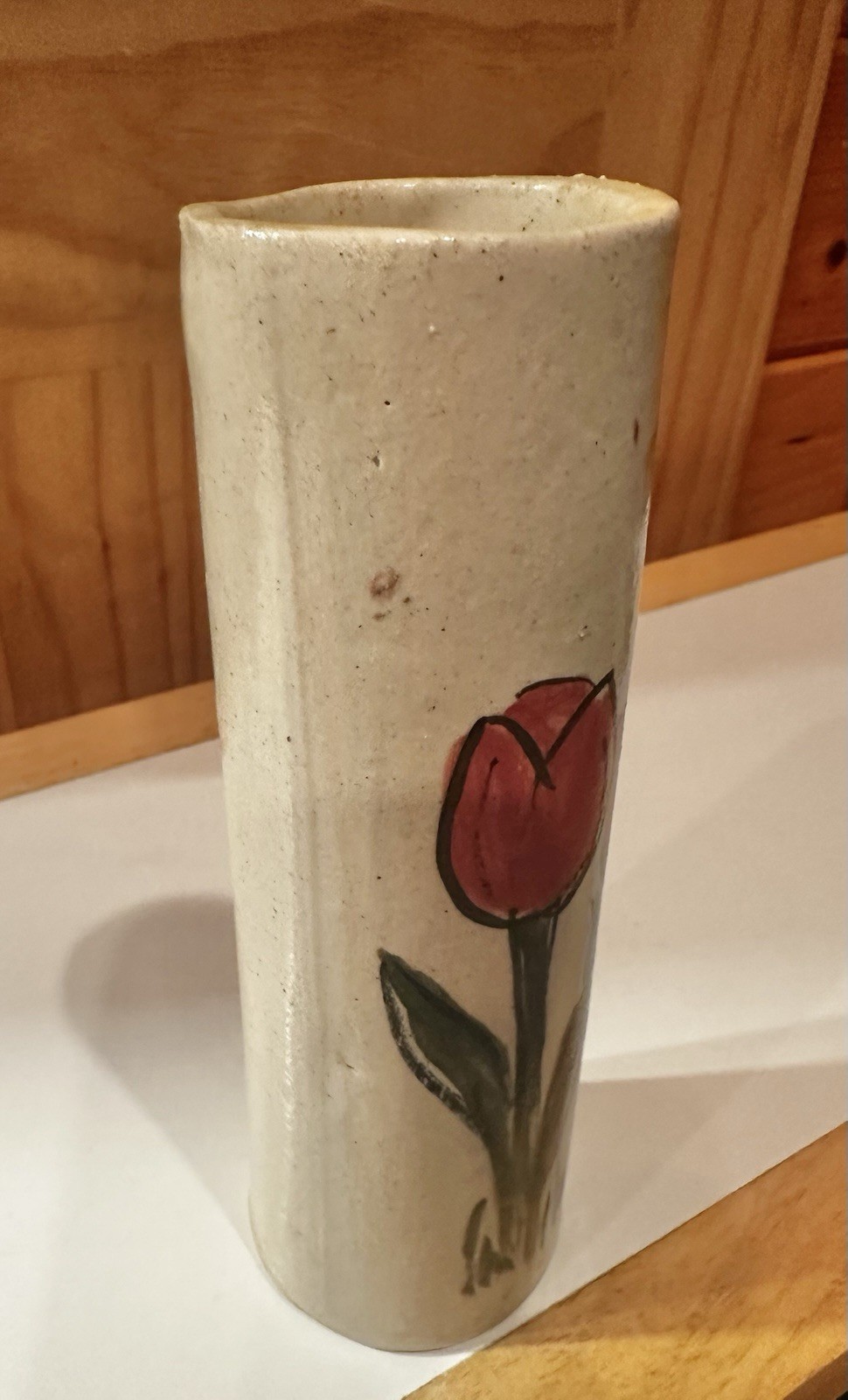 Studio Art Pottery Artist Signed Hand Painted Red Tulip Flower Bud Vase Design