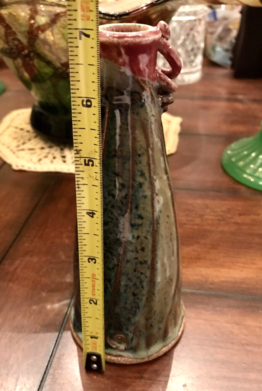 Studio Art Pottery Bud Vase Navy Blue Green Red Earthtones Ribbing Handle 7″
