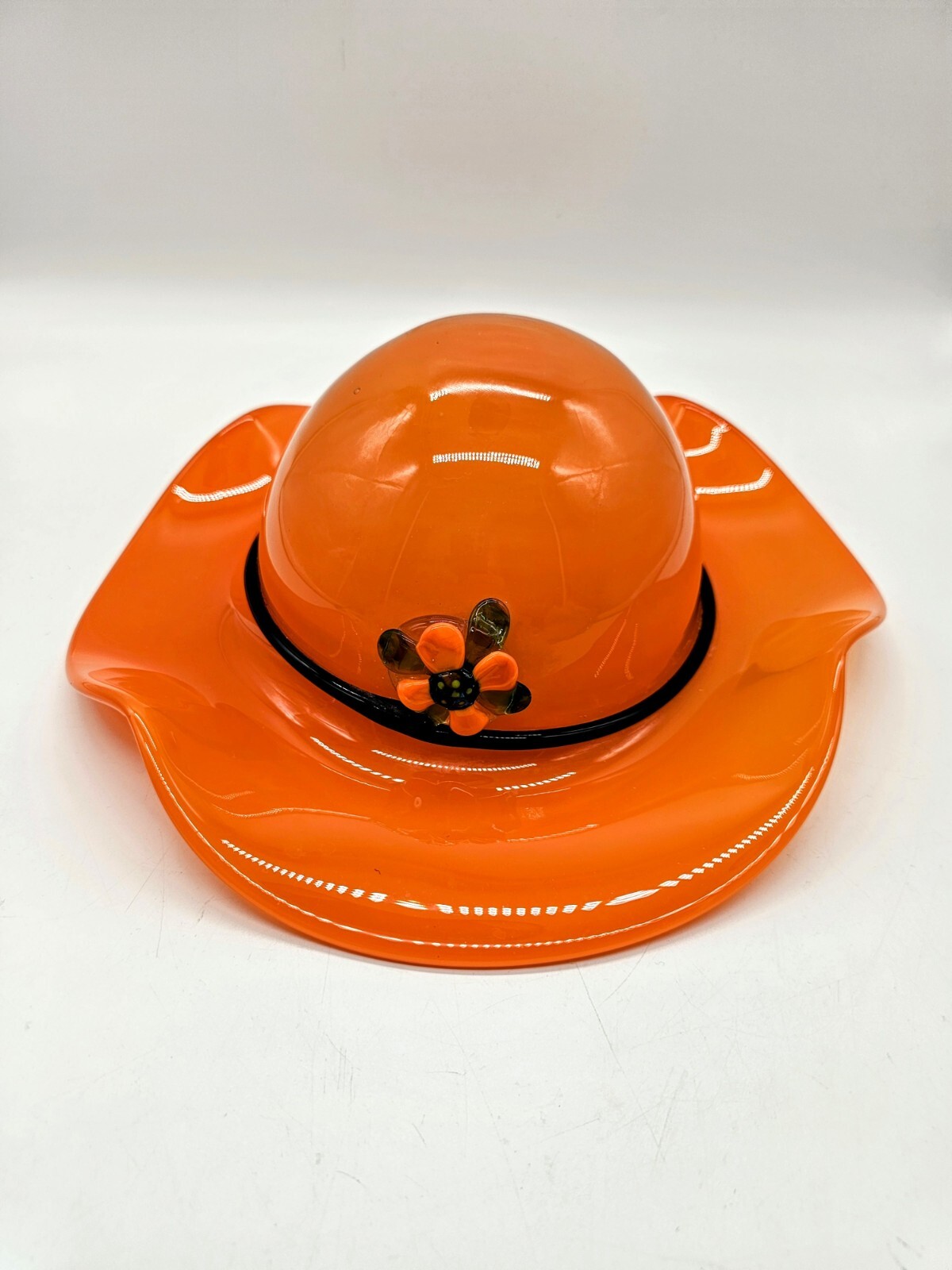 MCM Art Glass Ladies Hat Orange Boho Vintage Murano ? 12×5″ Bridal Easter Spring