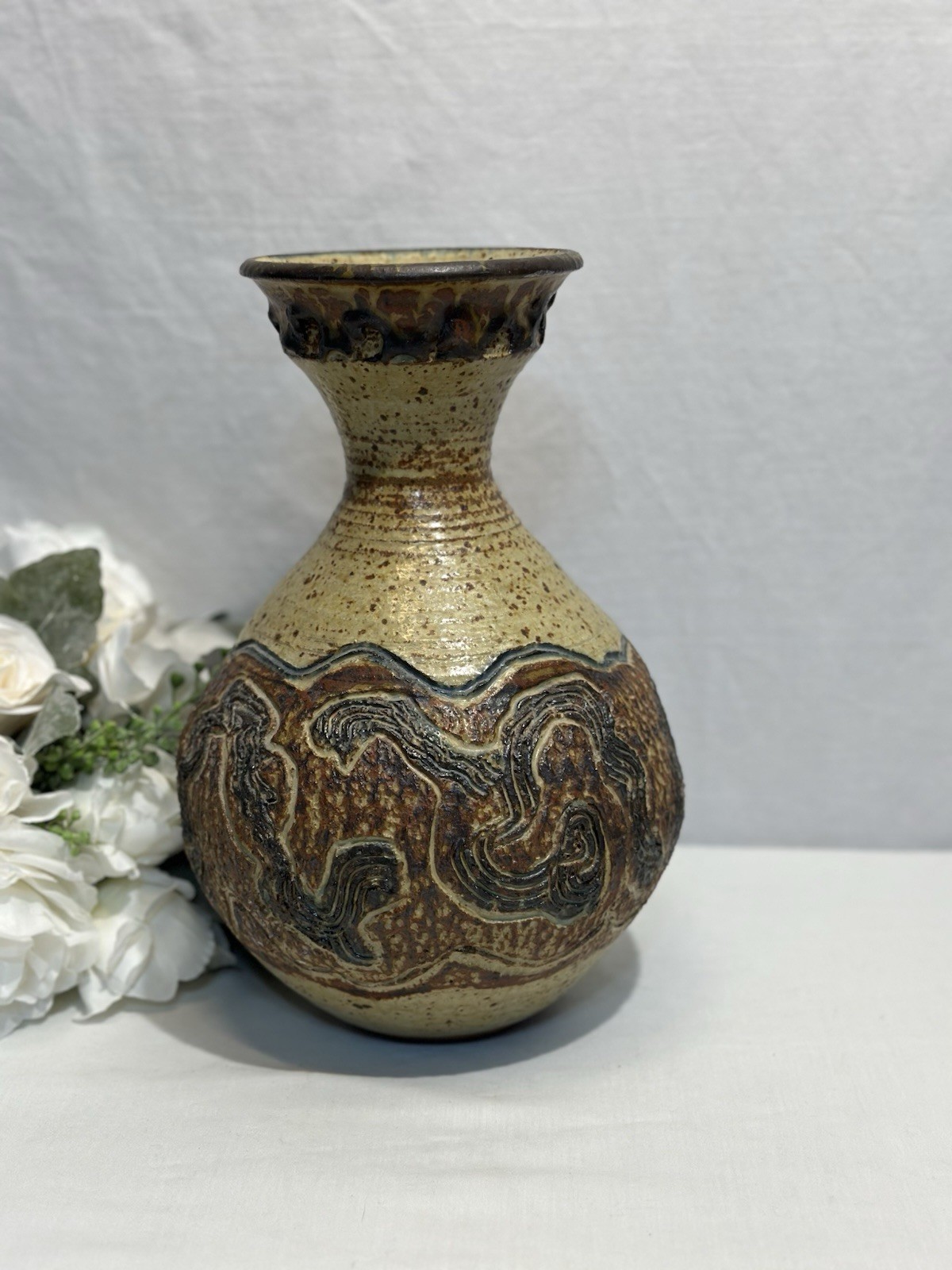 Vintage 1974 Handmade Pottery Vase With Squiggly Etching Signed 11.75” Tall