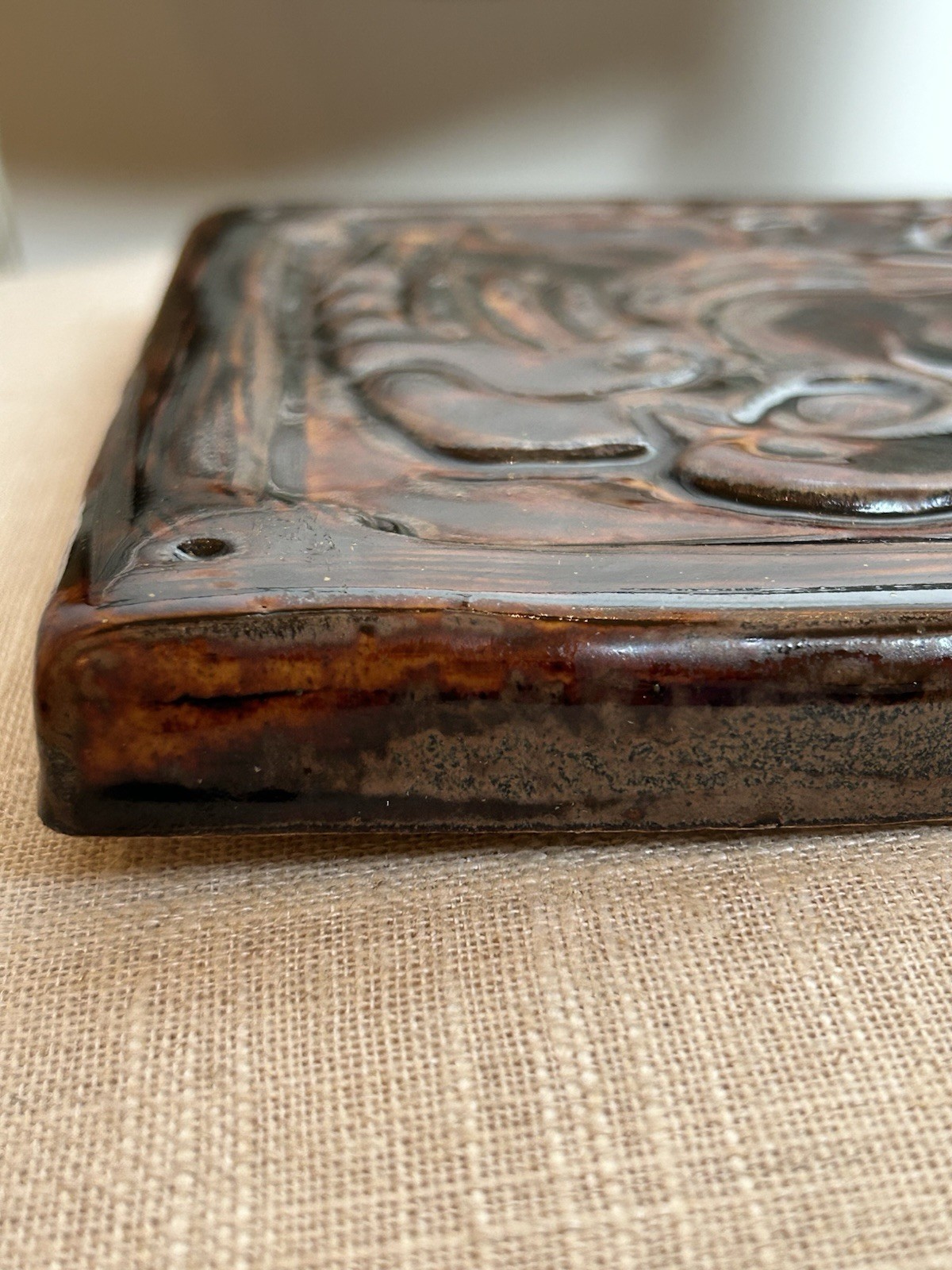 VTG Pewabic Pottery Two Headed Imperial Eagle 7.5” Tile With Tortoiseshell Glaze