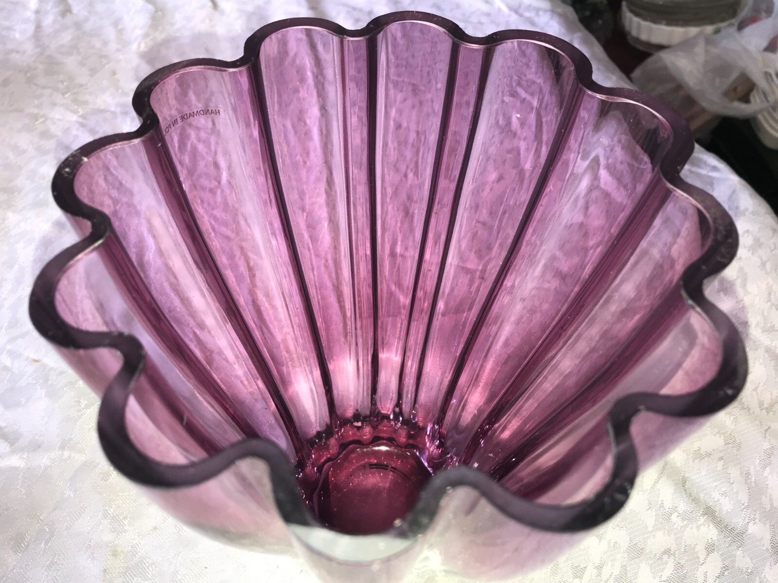 RARE Vintage PURPLE Rib RUFFLE Flared GLASS VASE 10¼” Tall Made in POLAND 4 lbs