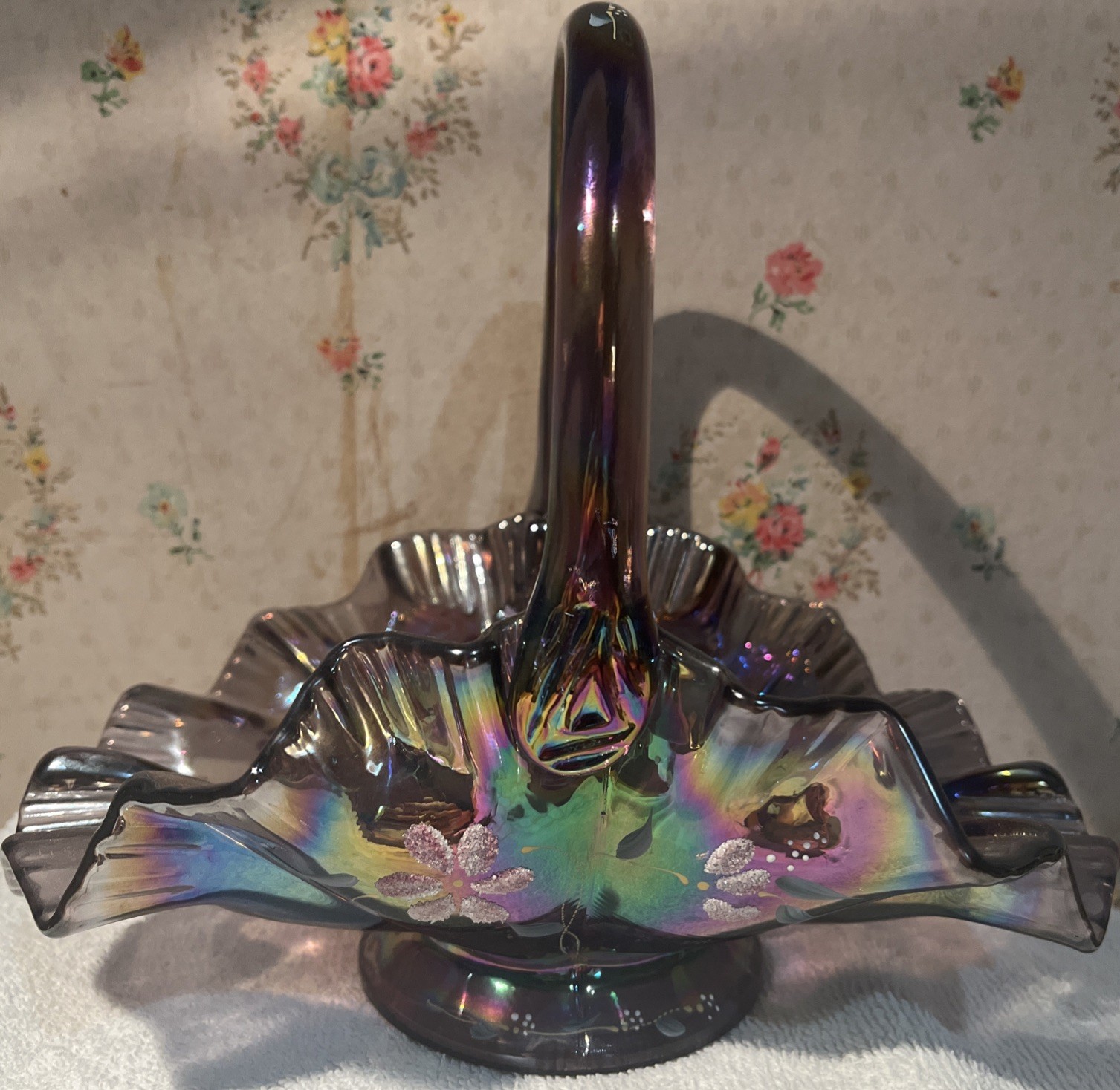 Fenton Amethyst Carnival Glass Ruffled Basket – Signed Bill Fenton & D. Erdman –