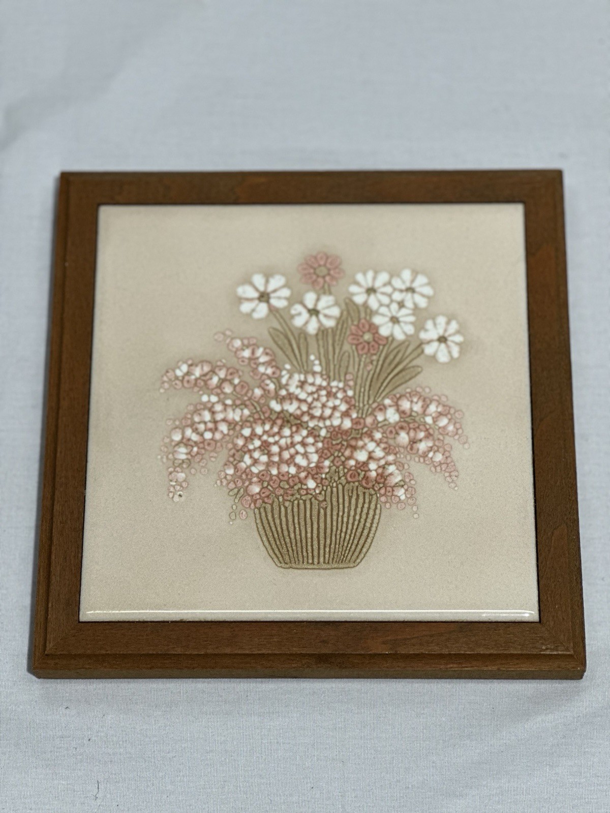 Vintage Italian Ceramic Tile Trivet Floral Flower Basket Wood Frame 1980s Italy