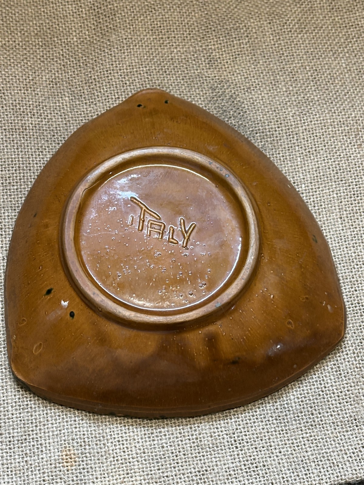 Mid-Century modern Italian pottery cigar ashtray, brown, yellow, white