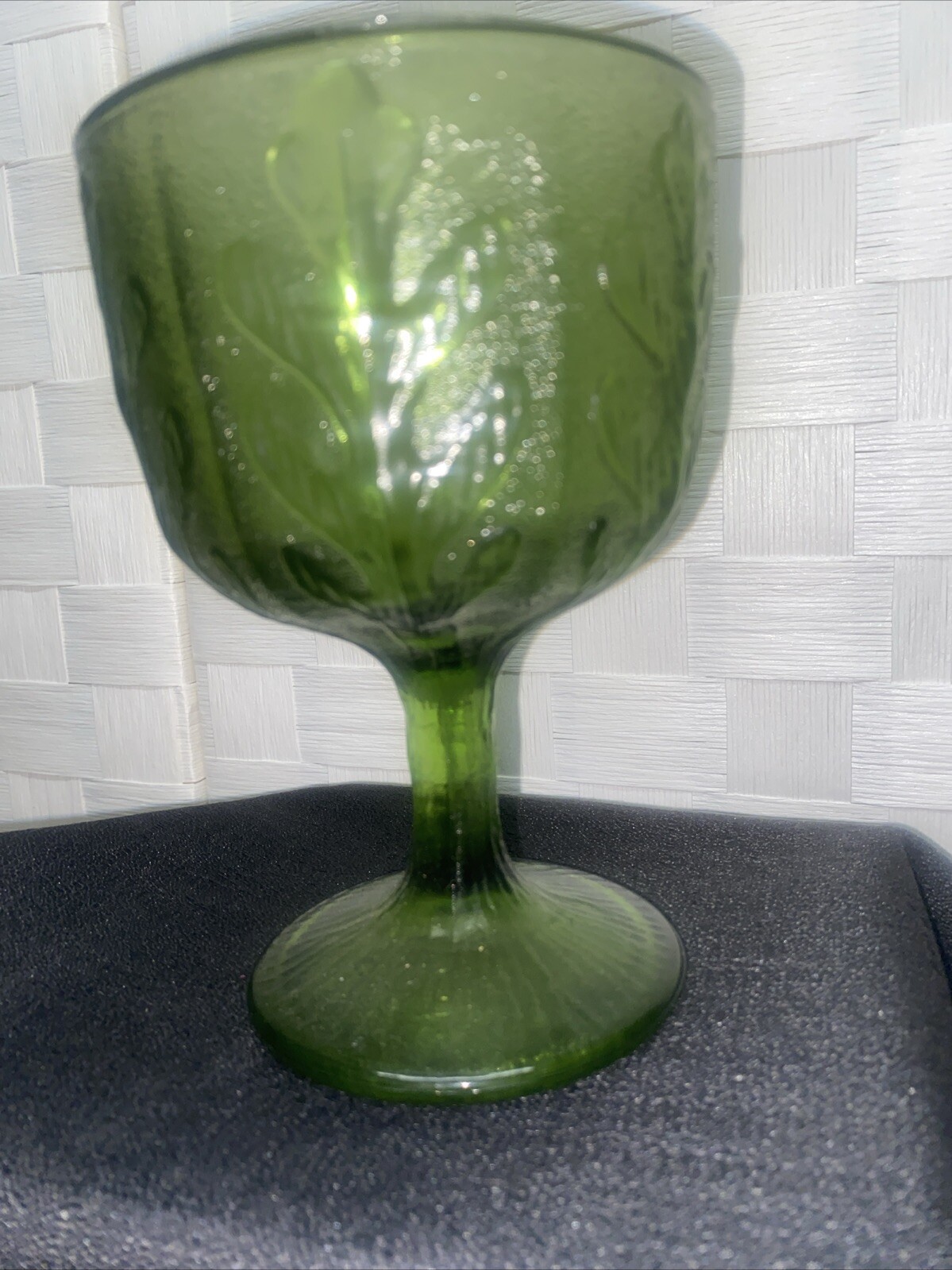 Vintage FTD 1975 Green Glass Oak Leaf Goblet Candy Dish Vase