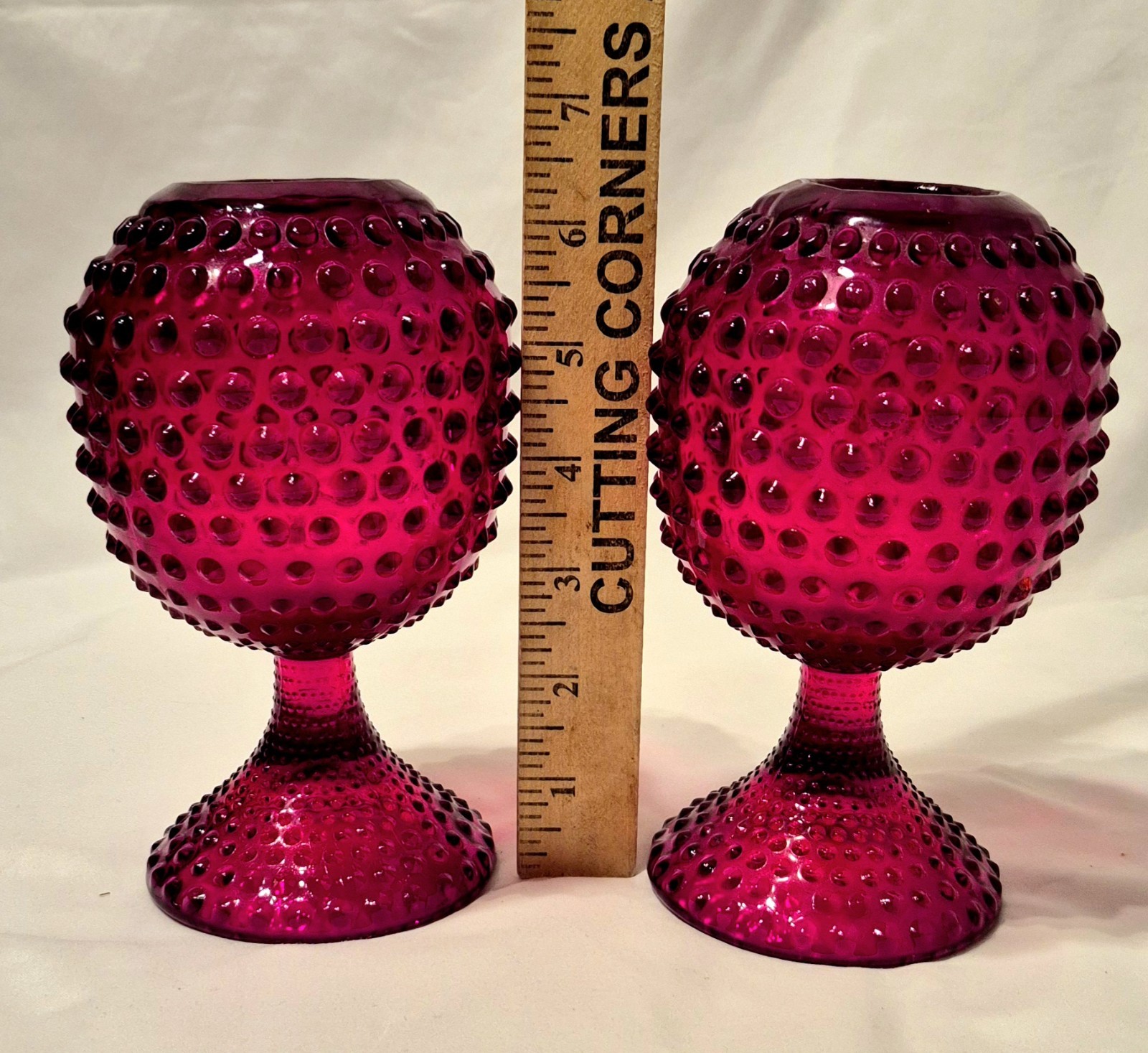 2 Duncan & Miller Glass American Hobnail Footed Ivy Pedestal Ball Ruby Red Vtg