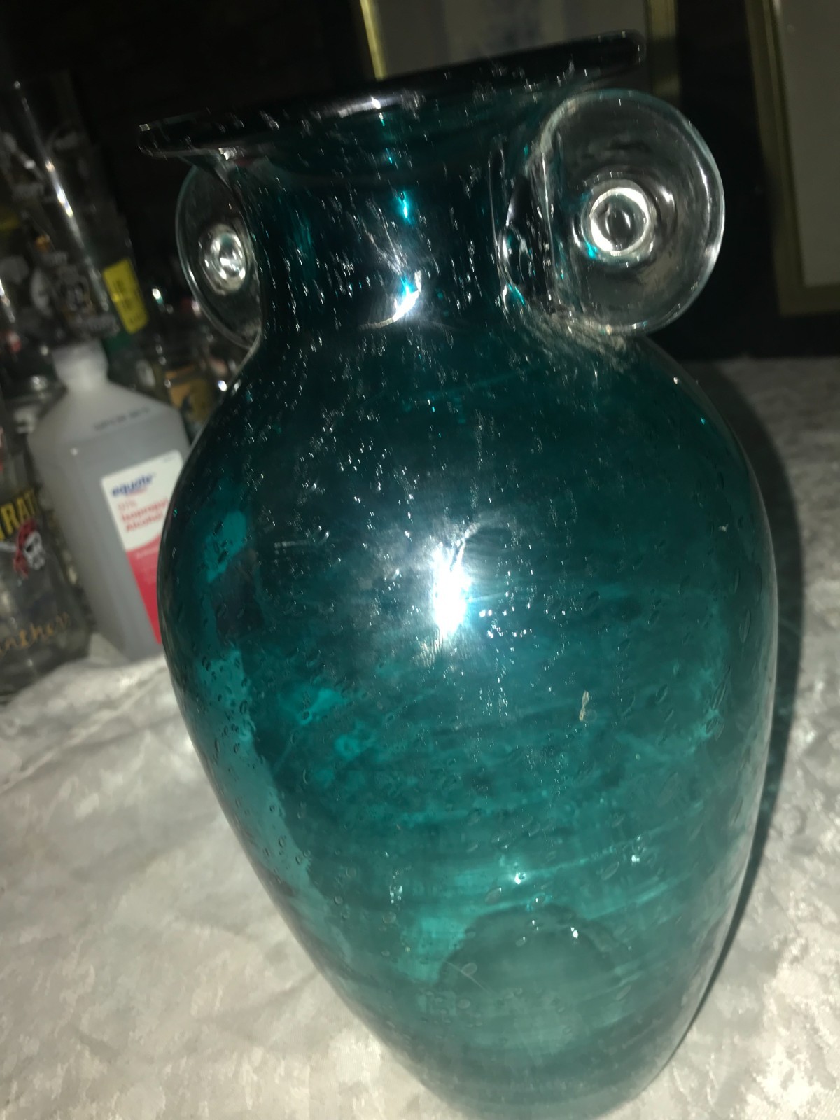 RARE Vintage ORECCHIO Teal BLUE Double Ear HANDLE Bubble STUDIO ART Glass VASE