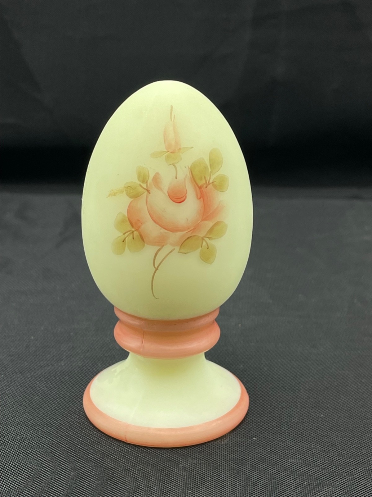 Fenton Vaseline Glass Egg figurine Roses on Custard Handpainted Glows signed