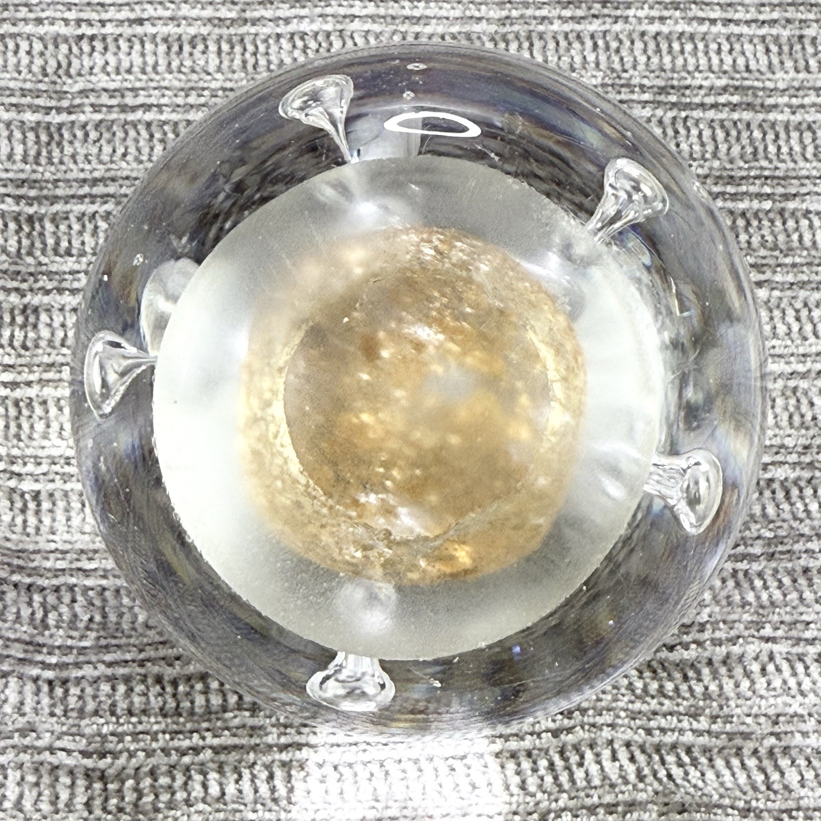 Vintage Paperweight Art Glass 3.5”x3.5” Clear Gold Golden Shimmer Desk Decor