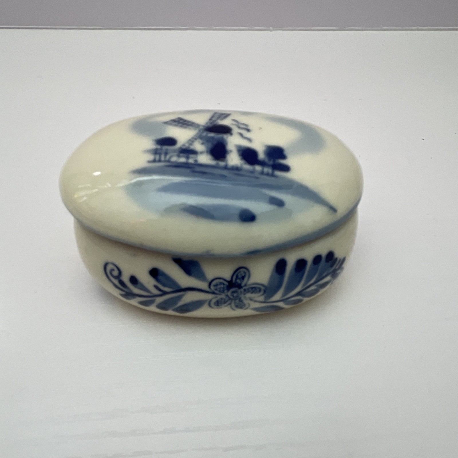 Blue & White Ceramic Oval Lidded Decorative Pill Box