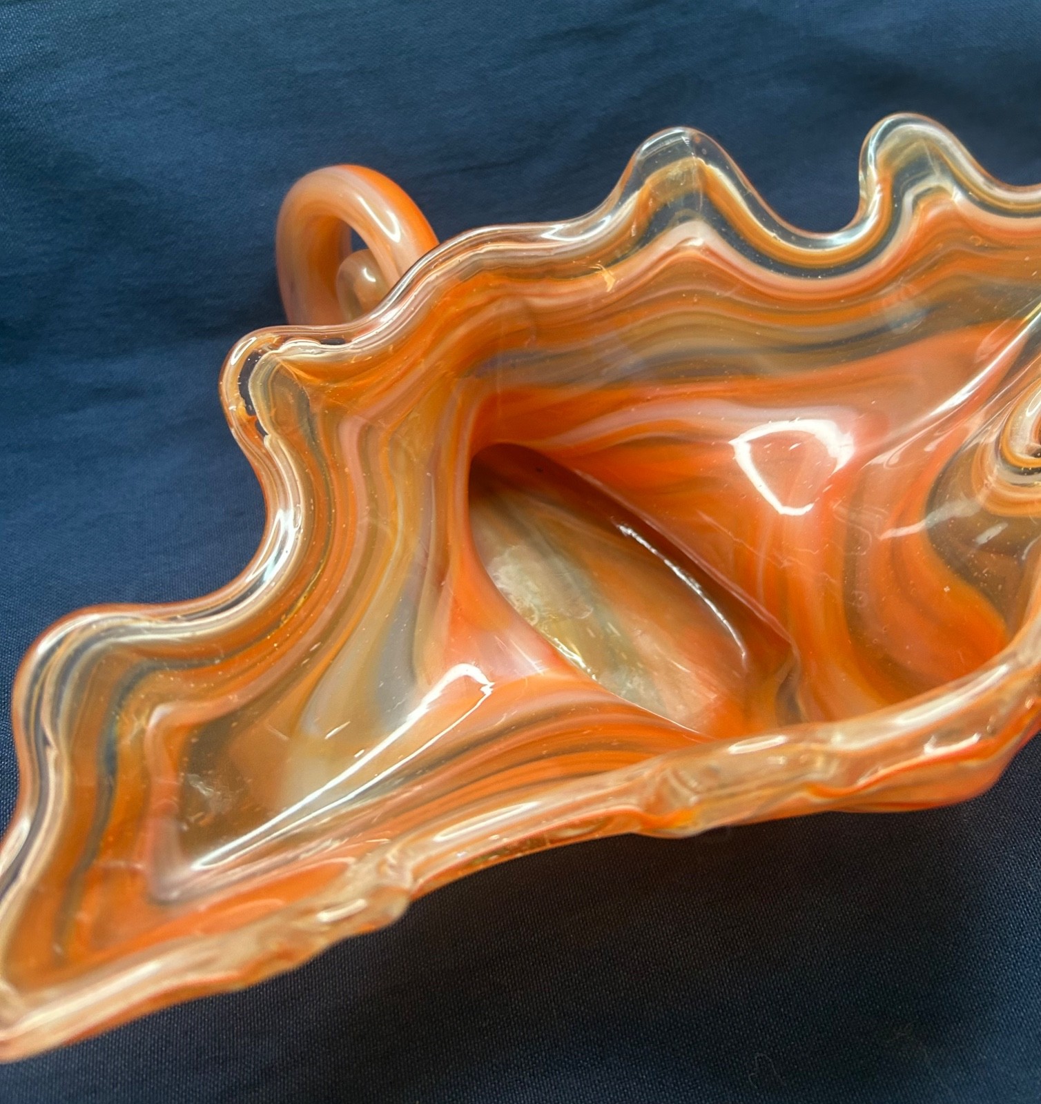 Vintage Orange Mid-Century Hand Blown Art Murano Cornucopia Flower with Swirl