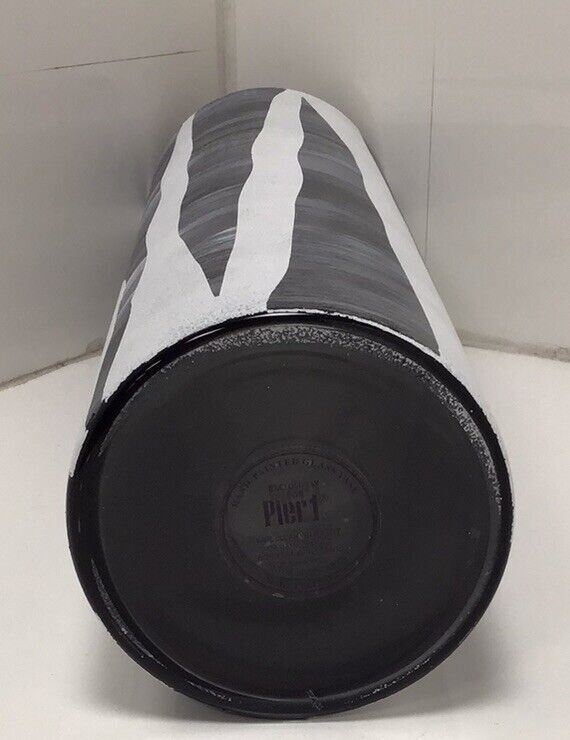 Pier 1 Vase Hand Painted Etched Cylindrical 16″ Tall Black / Grey / White