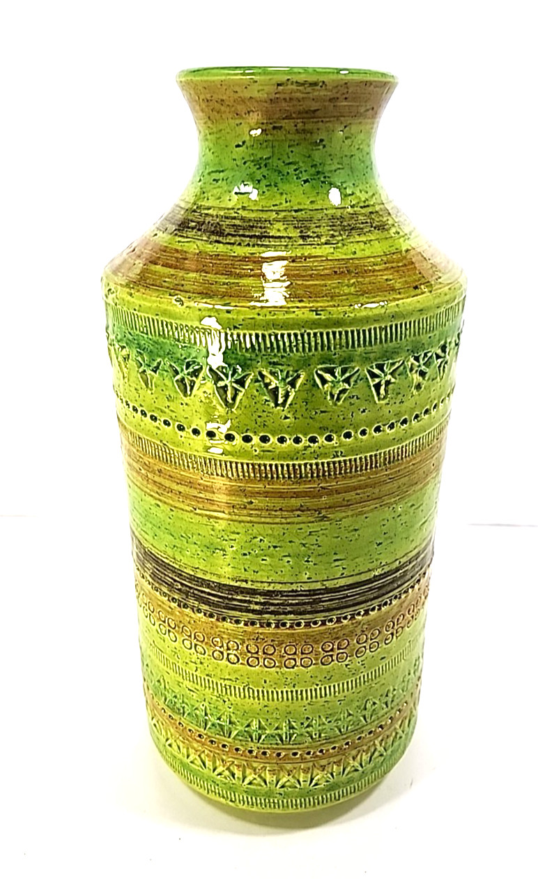 Aldo Londi Bitossi Rosenthal Netter Vase Greens Incised Design 1960s 12.5″ READ!