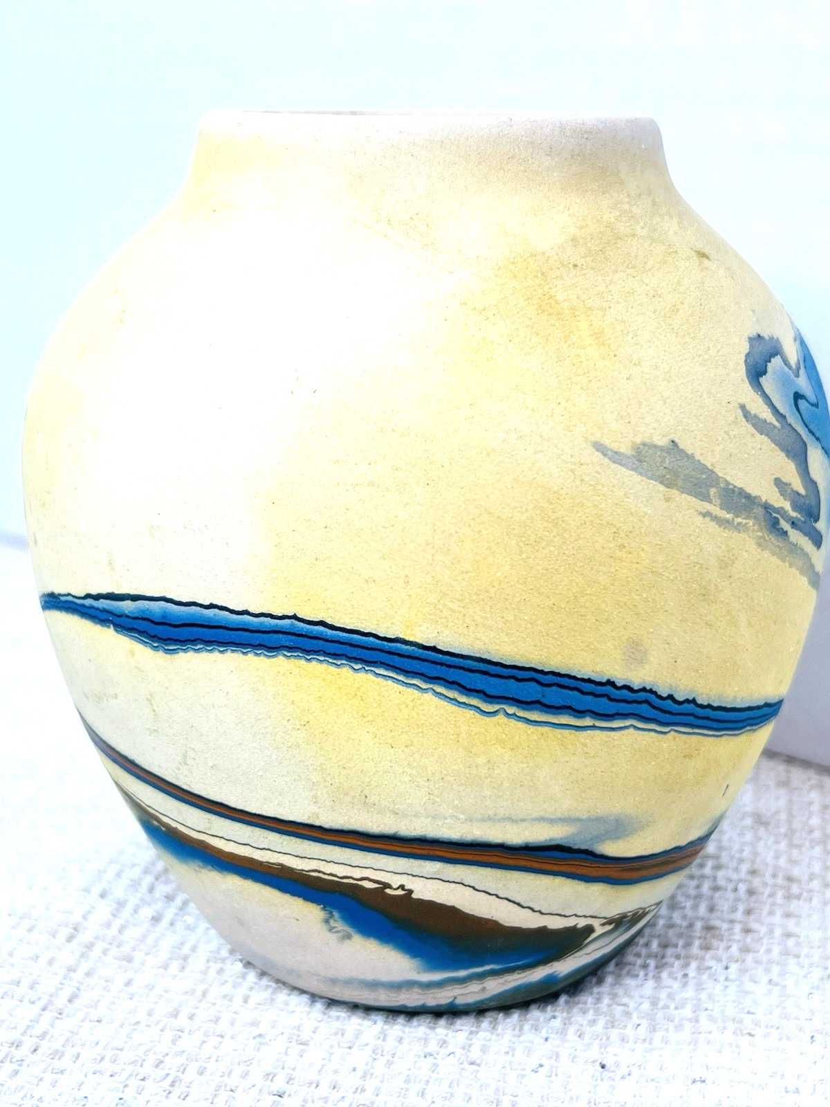 Vtg Nemadji Handmade Swirl Pottery Clay Vase Blue Orange Rust USA 5” Tall Vessel